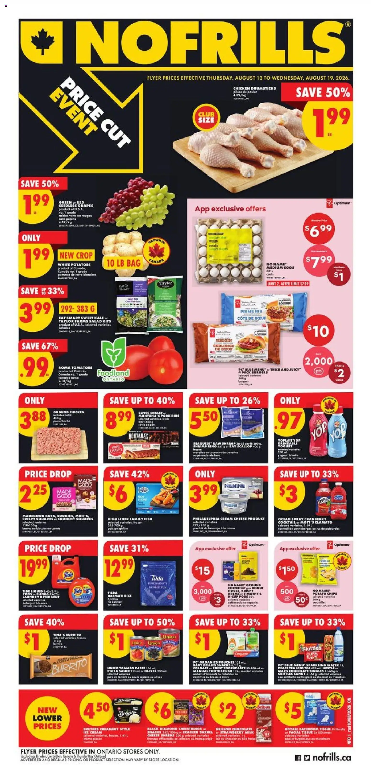 No Frills flyer valid from Aug 13, 2026 | Page: 1 | Products: Water, Potatoes, Olives, Eggs