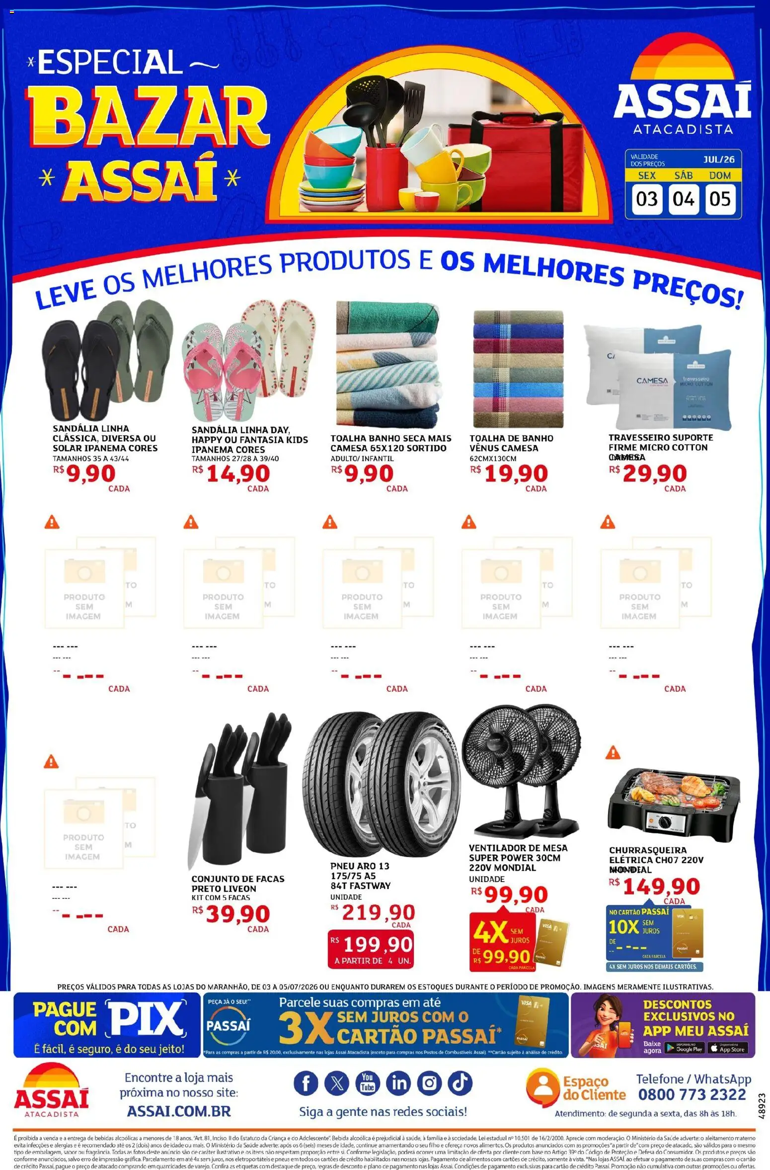 Assaí Atacadista Folheto - válido de 03/07/2026 | Página: 1 | Produtos: Pneus, Toalha de banho, Bebida, Telefone