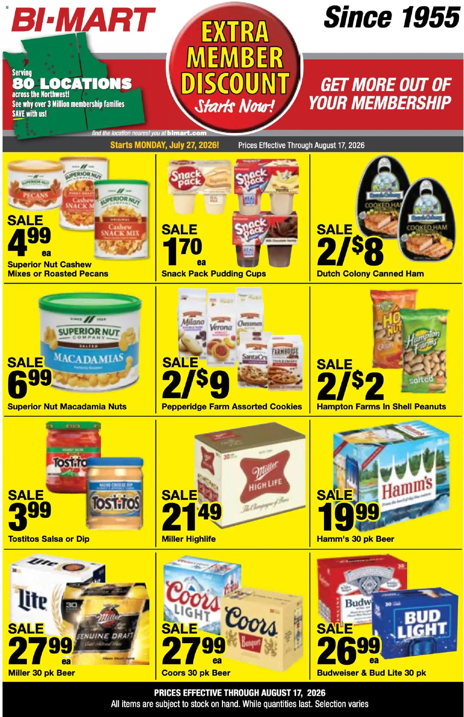 Bi-Mart Weekly Ad - valid from 07/27/2026 | Page: 19 | Products: Macadamia nuts, Ham, Cookies, Peanuts
