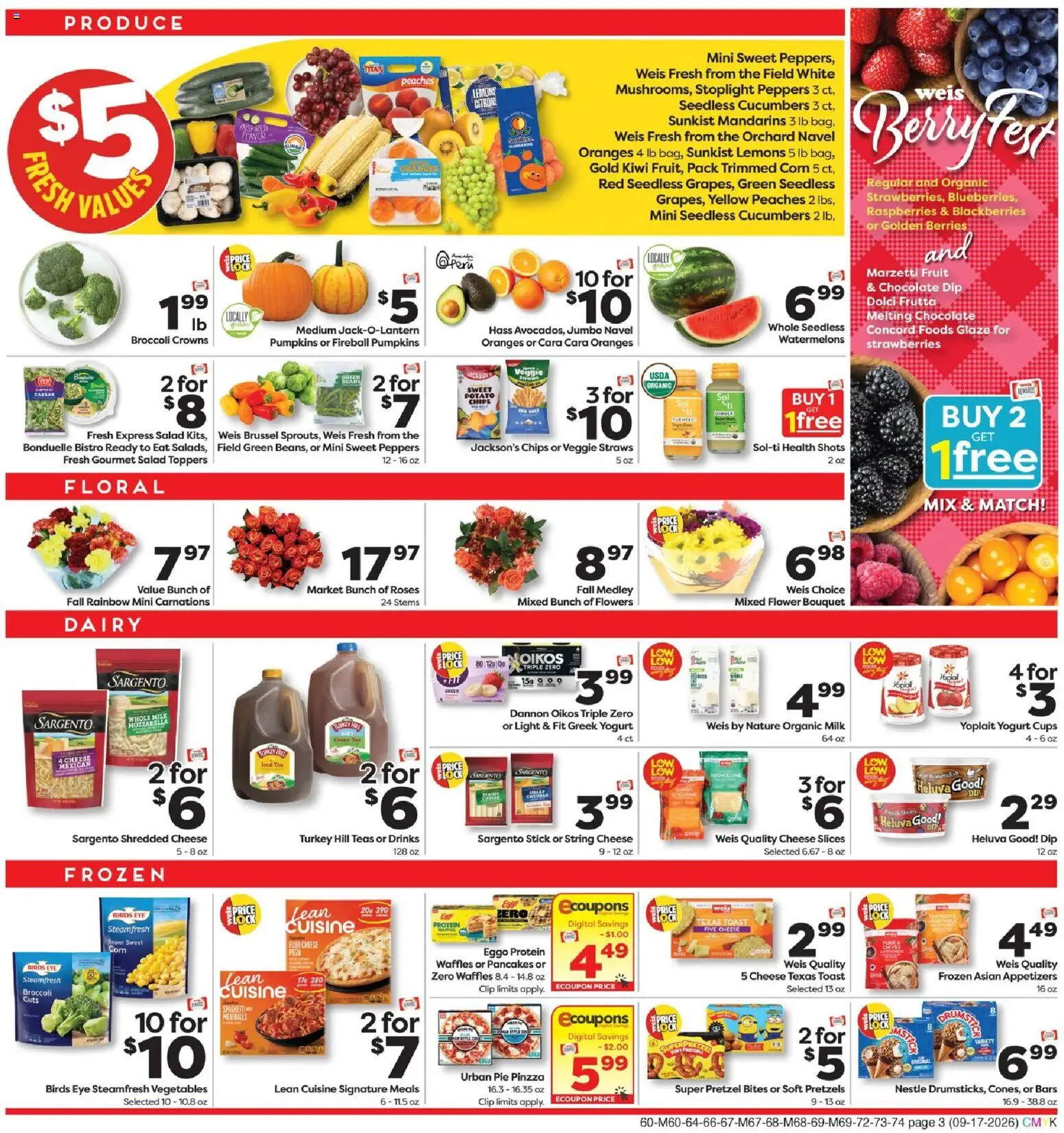 Weis Weekly Ad - valid from 09/17/2026 | Page: 3 | Products: Waffles, Turkey, Milk, Fruit