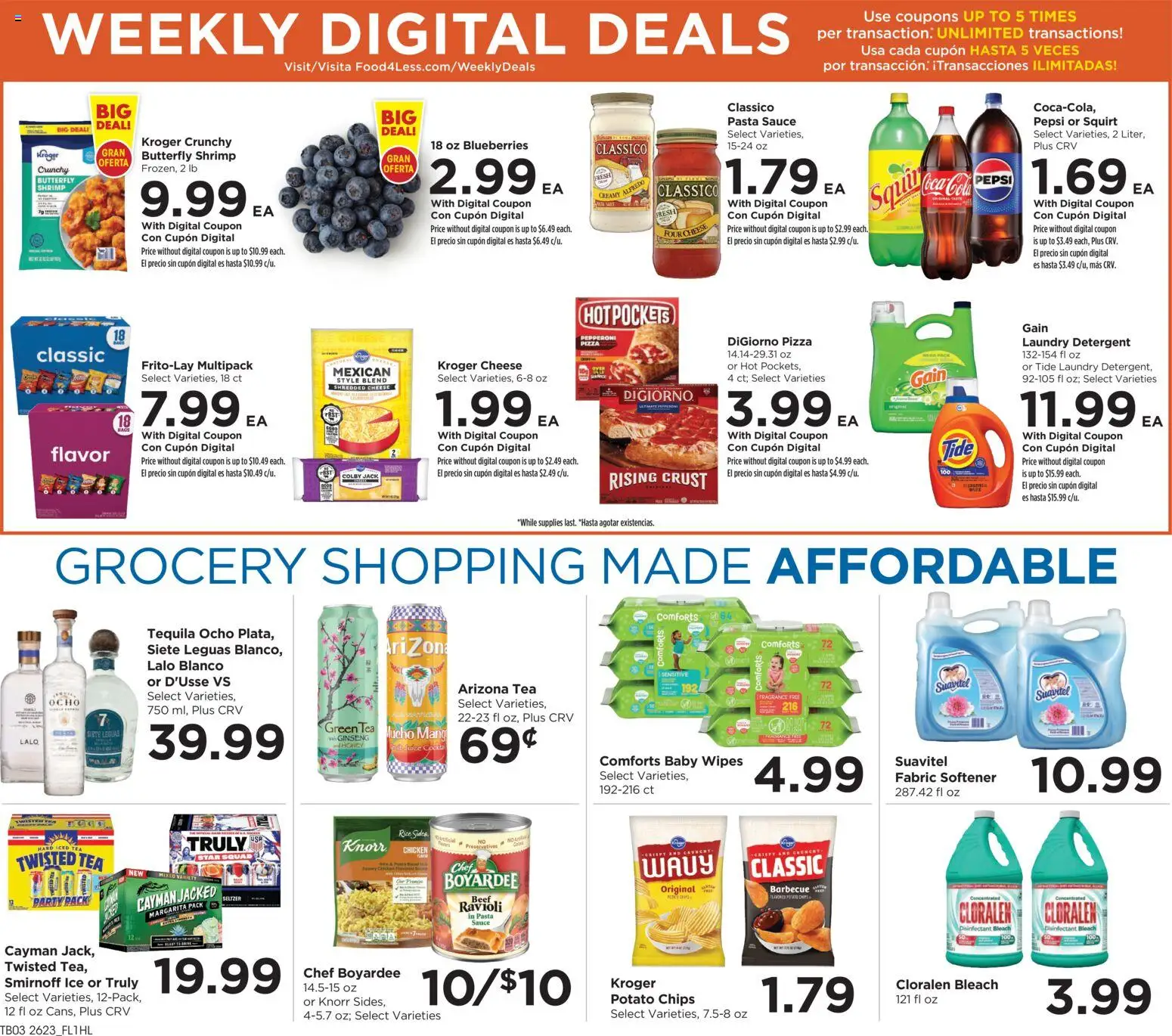 Food 4 Less Weekly Ad - valid from 07/08/2026 | Page: 5 | Products: Pizza, Pasta, Sauce, Blueberries