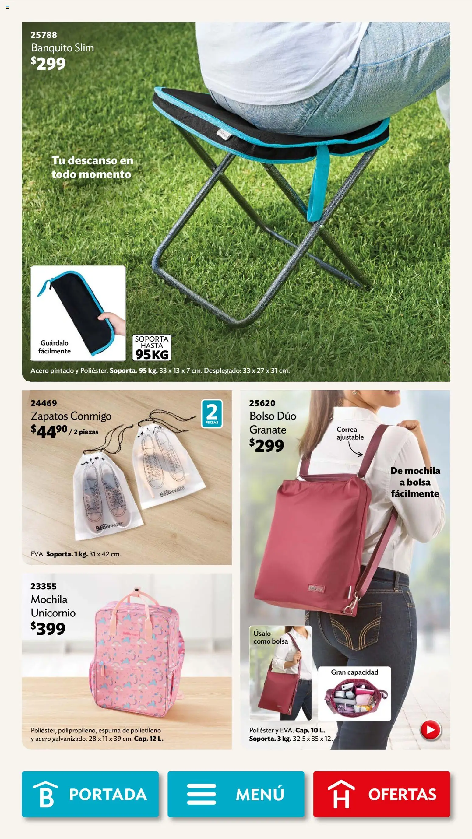 Nuevas ofertas de Betterware válidas en toda la República Mexicana desde el 02/02/2026. ¡Encuentra las mejores ofertas en Betterware campaña 2 2026! | Página: 88 | Productos: Bolsa, Zapatos, Mochila, Banquito
