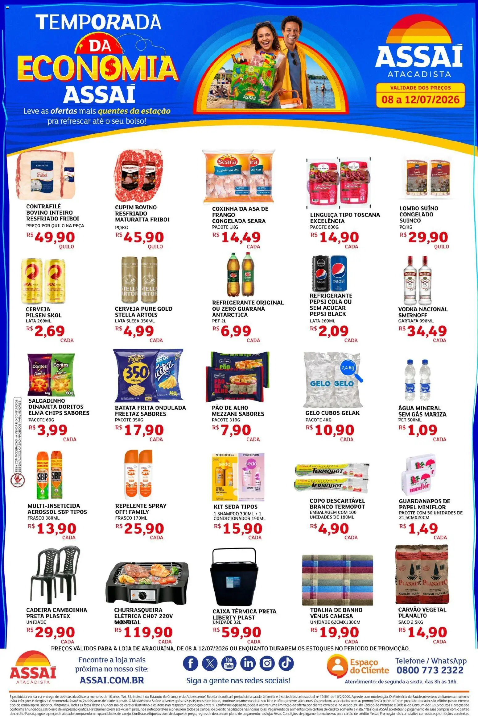 Assaí Atacadista Folheto - válido de 08/07/2026 | Página: 1 | Produtos: Carvão vegetal, Guaraná, Frango, Churrasqueira
