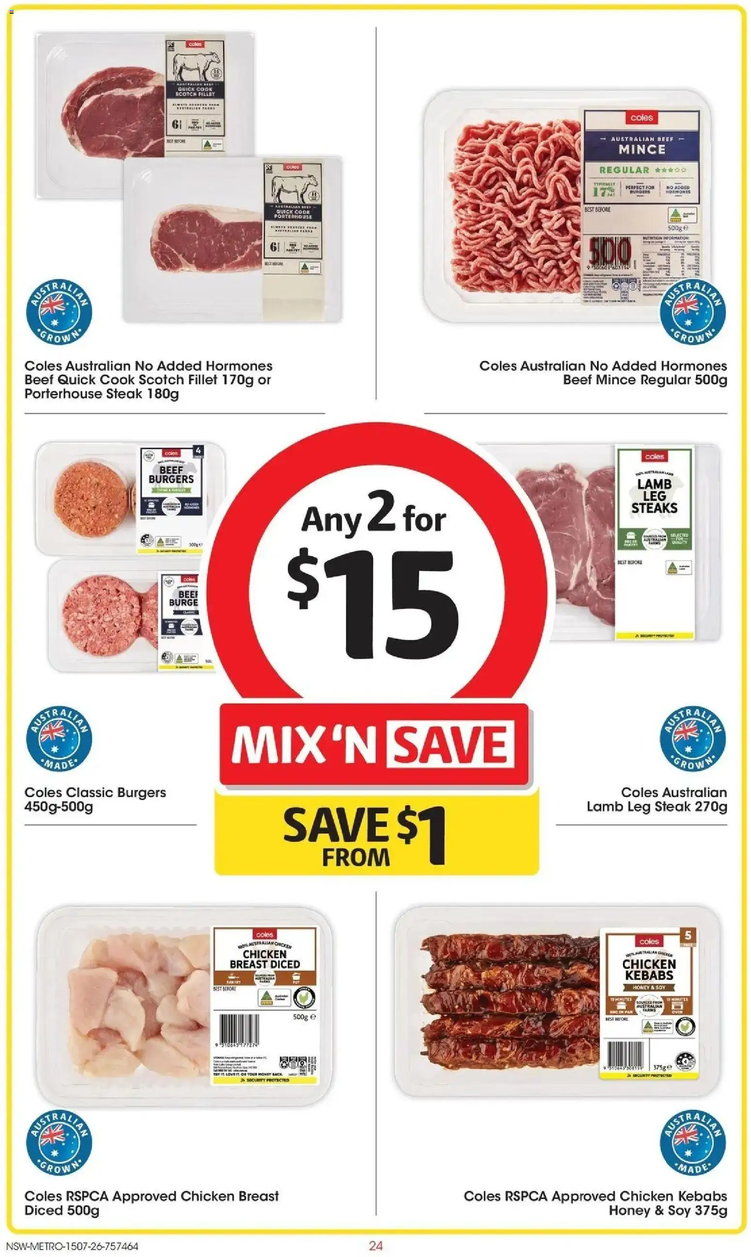 Coles catalogue - valid from 15/07/2026 | Page: 24 | Products: Burgers, Lamb, Chicken breast, Fillet
