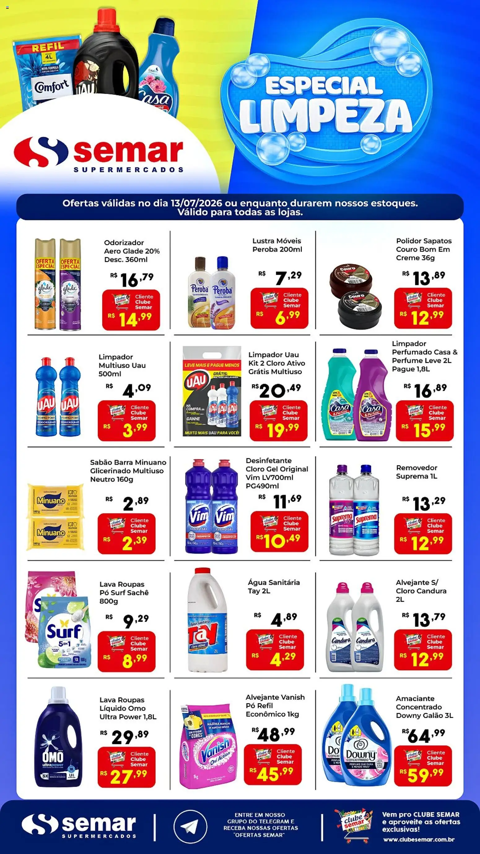 Semar Supermercado Folheto - válido de 13/07/2026 | Página: 1 | Produtos: Cloro, Creme, Desinfetante, Água sanitária