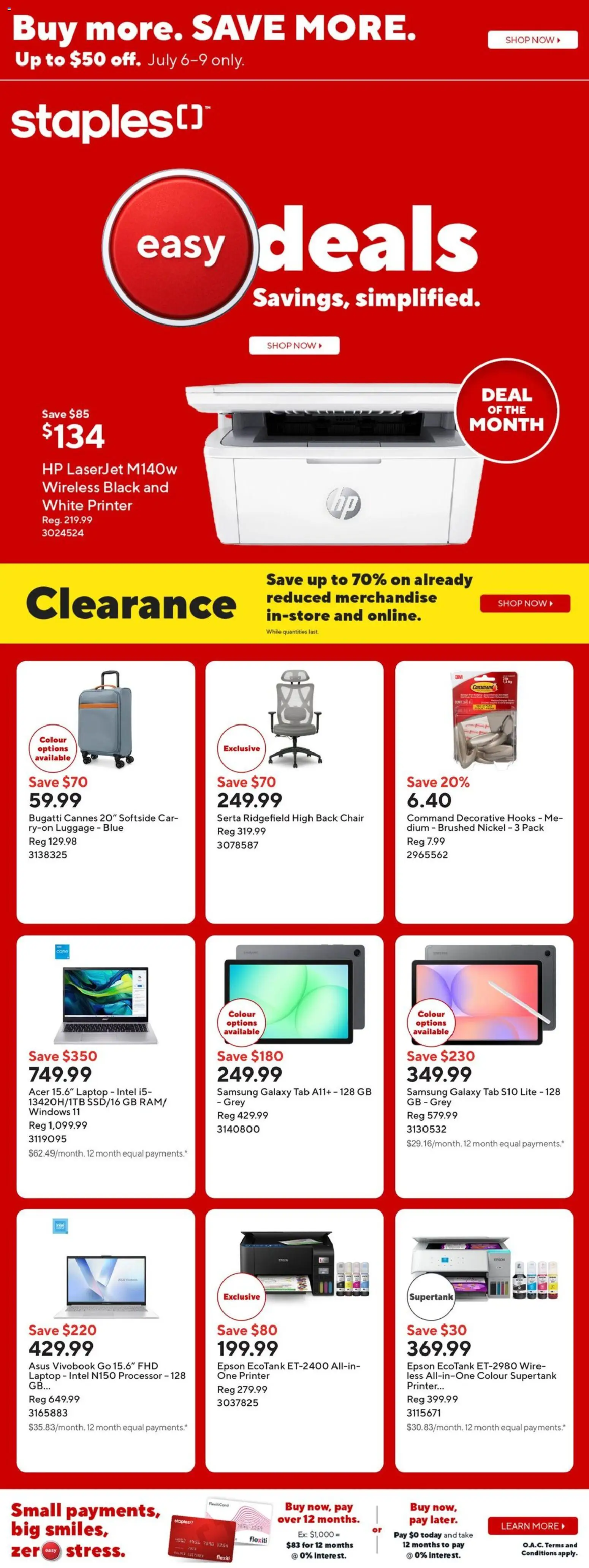 Staples flyer valid from Jul 3, 2026 | Page: 1 | Products: Luggage, Printer, Chair