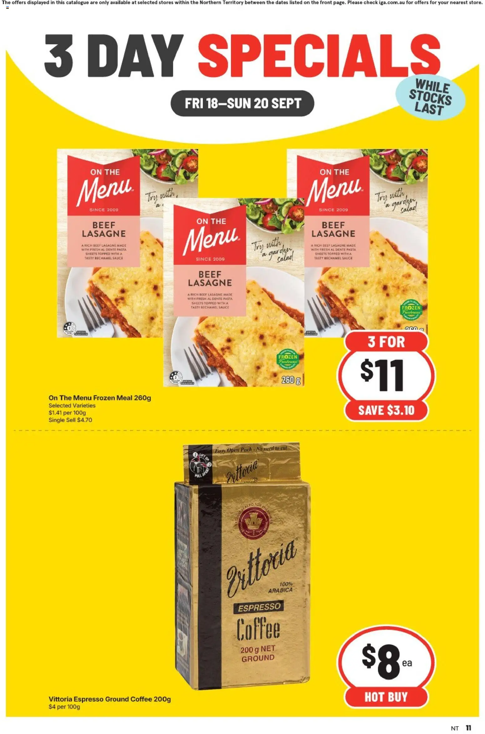 IGA catalogue - valid from 18/09/2026 | Page: 3 | Products: Coffee, Beef, Pasta, Lasagne