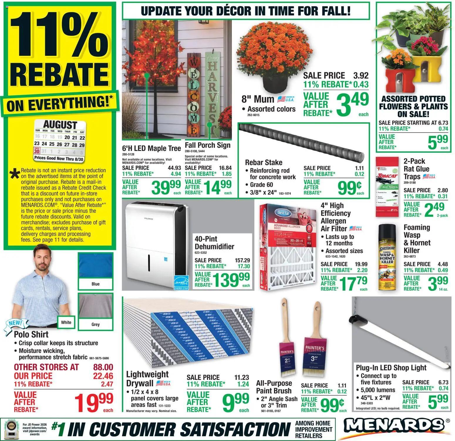 Menards Weekly Ad - valid from 08/20/2026 | Page: 1 | Products: Flowers, Dehumidifier, Air Filter, Rod
