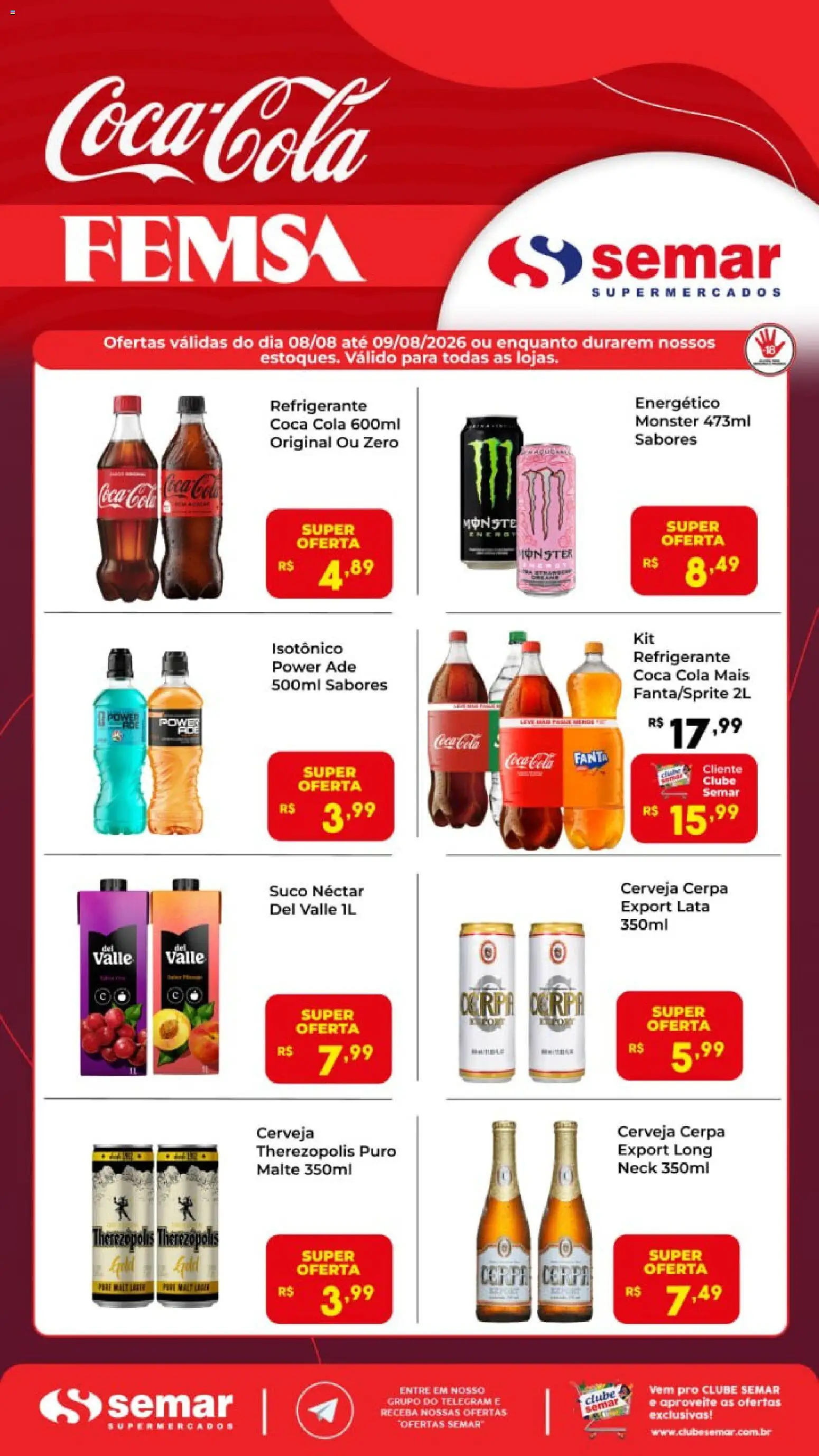 Semar Supermercado Folheto - válido de 08/08/2026 | Página: 1 | Produtos: Cola, Cerveja, Monster, Isotônico