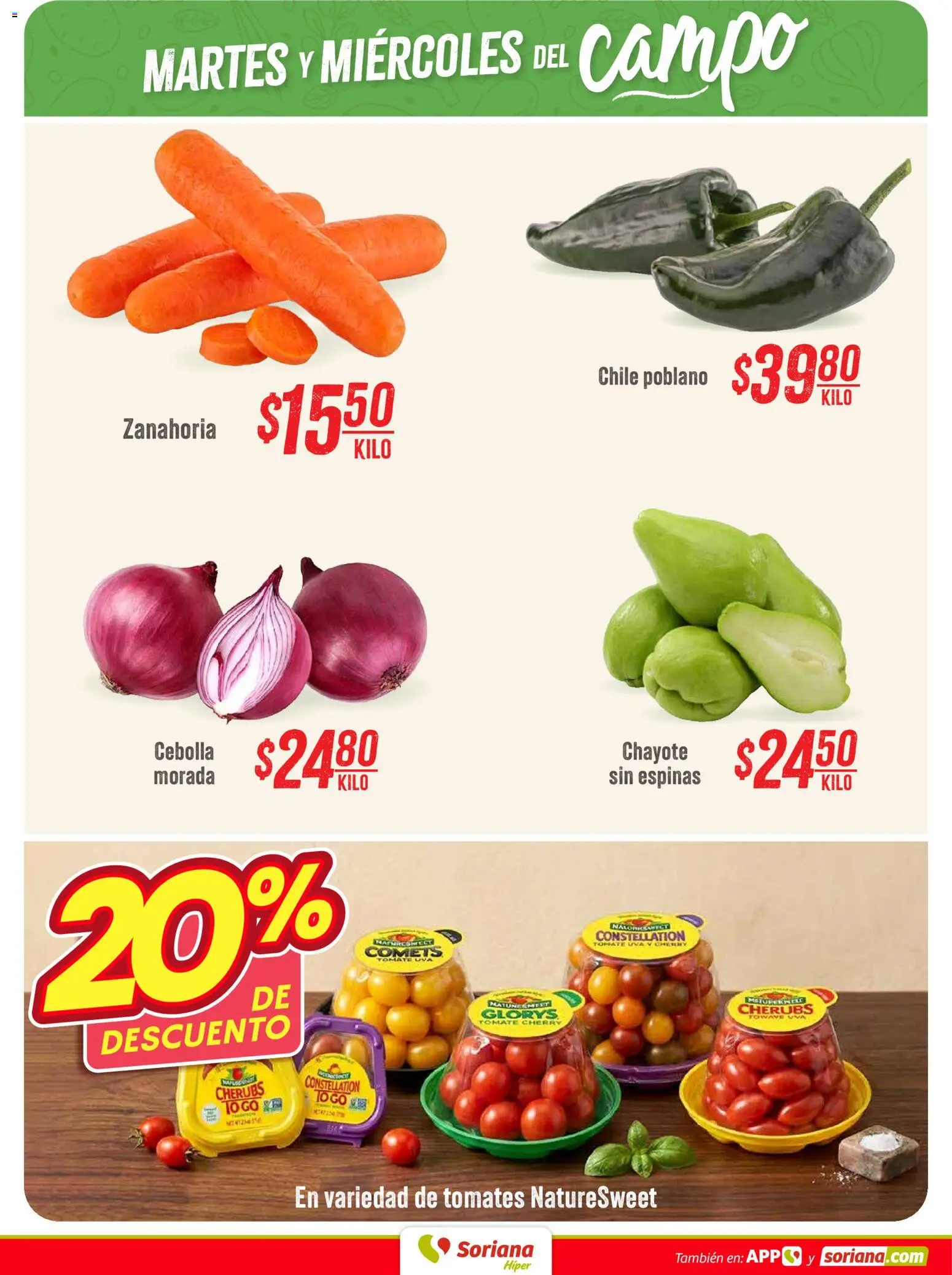 Nuevas ofertas de Soriana válidas en toda la República Mexicana desde el 04/08/2026. ¡Encuentra las mejores ofertas en Soriana Martes y Miércoles del Campo Híper: Ver, Tab, Chis, Camp, Yuc y Q. Roo! | Página: 3 | Productos: Tomate, Uva, Tomates, Zanahoria