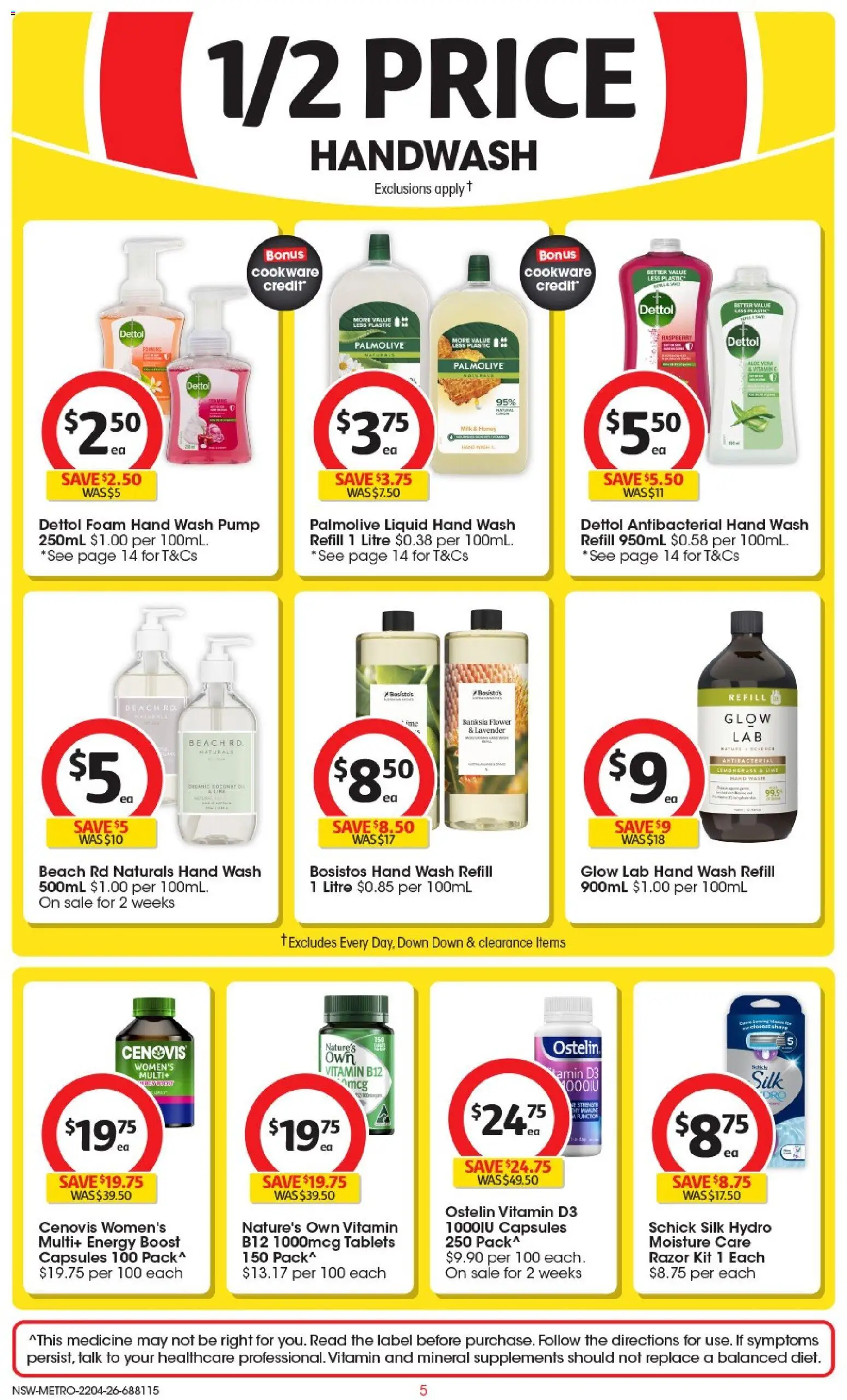 Coles catalogue - valid from 22.04.2026 | Page: 5 | Products: Milk, Oil, Vitamin, Hand wash