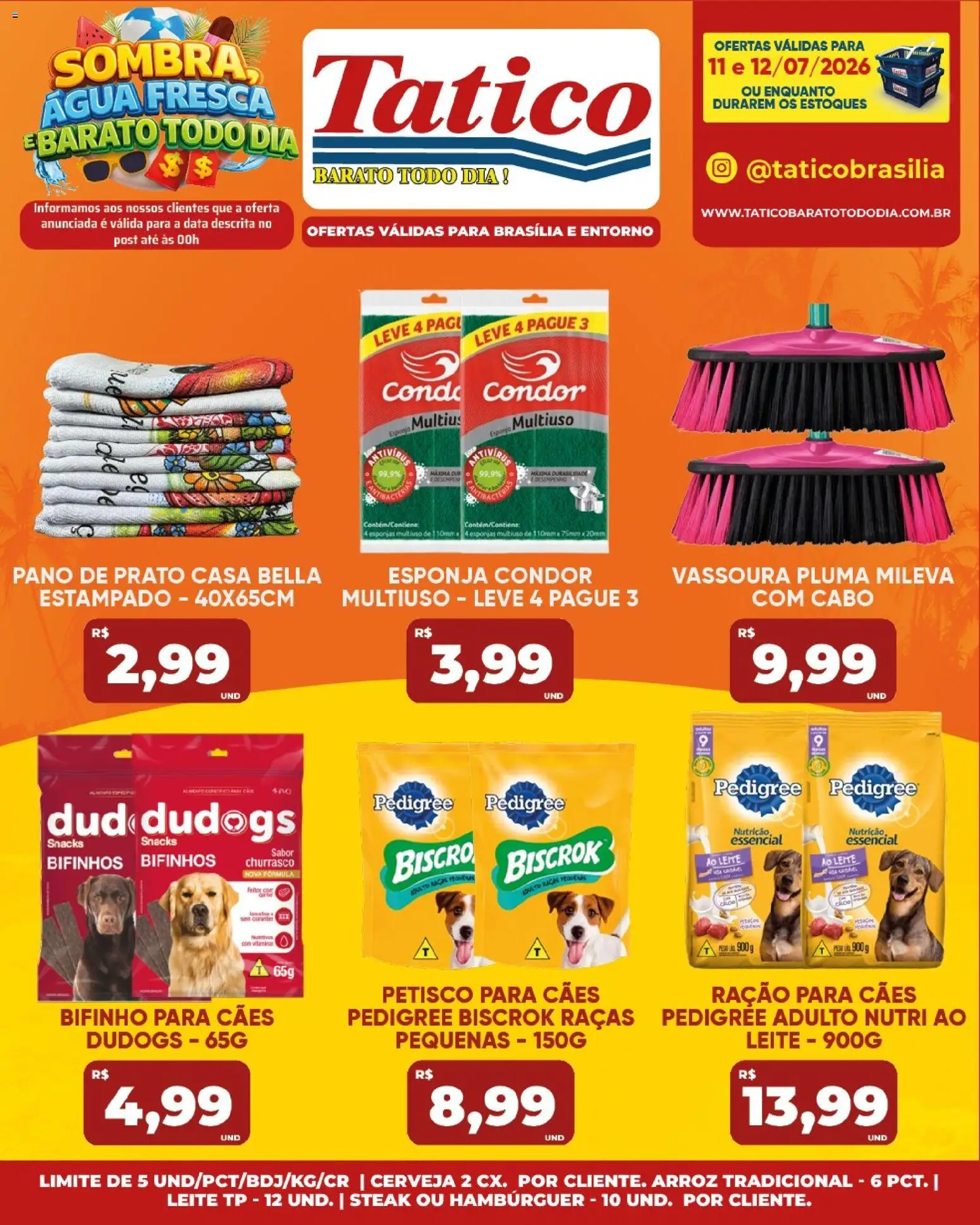 Tatico Folheto - válido de 11/07/2026 | Página: 20 | Produtos: Leite, Pano de prato, Hambúrguer, Vassoura