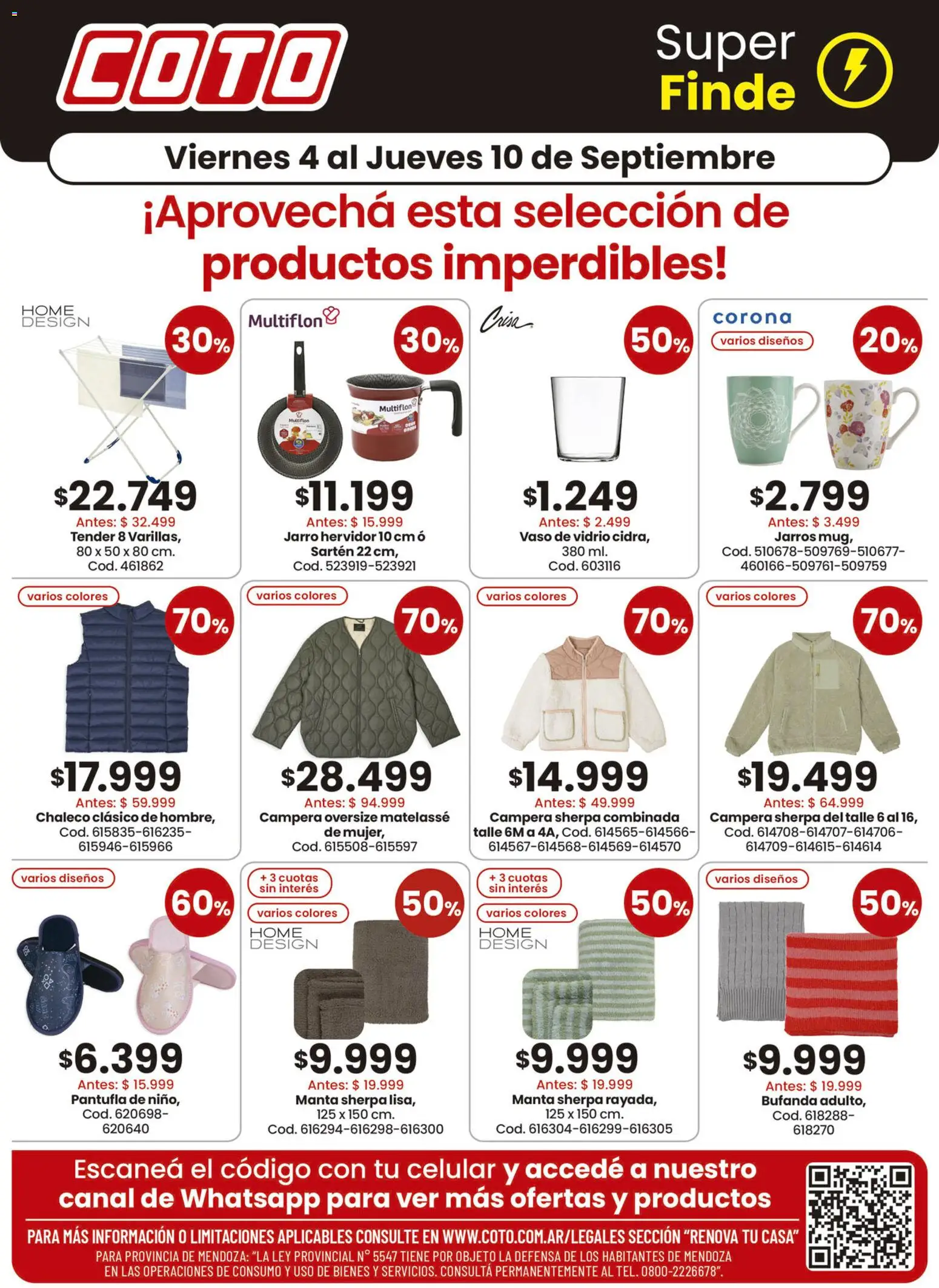Coto - Renova Productos │ válido desde el 04/09/2026 | Página: 1 | Productos: Celular, Sartén, Chaleco, Pan