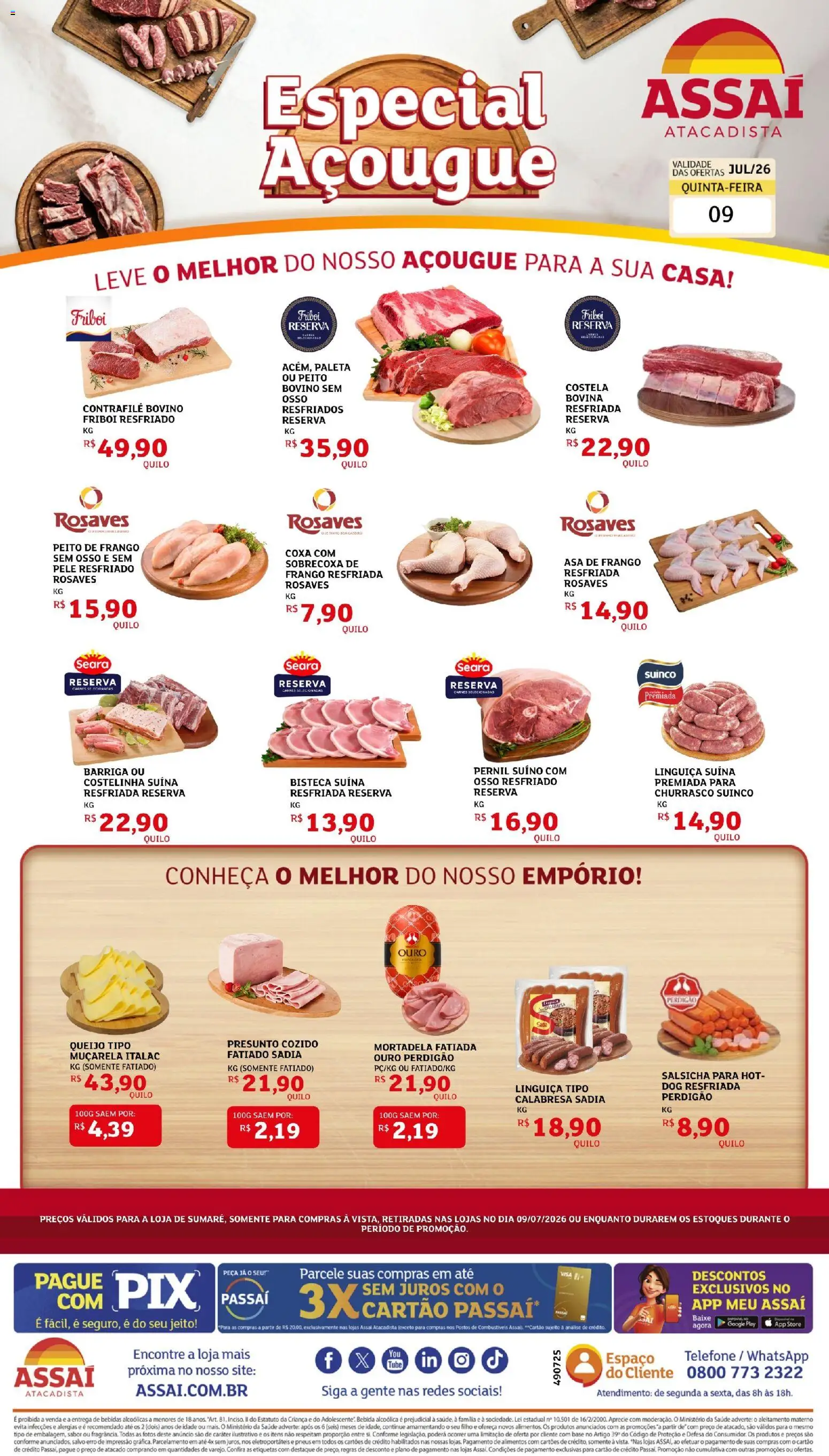 Assaí Atacadista Folheto - válido de 09/07/2026 | Página: 1 | Produtos: Salsicha, Asa de frango, Queijo, Bebida