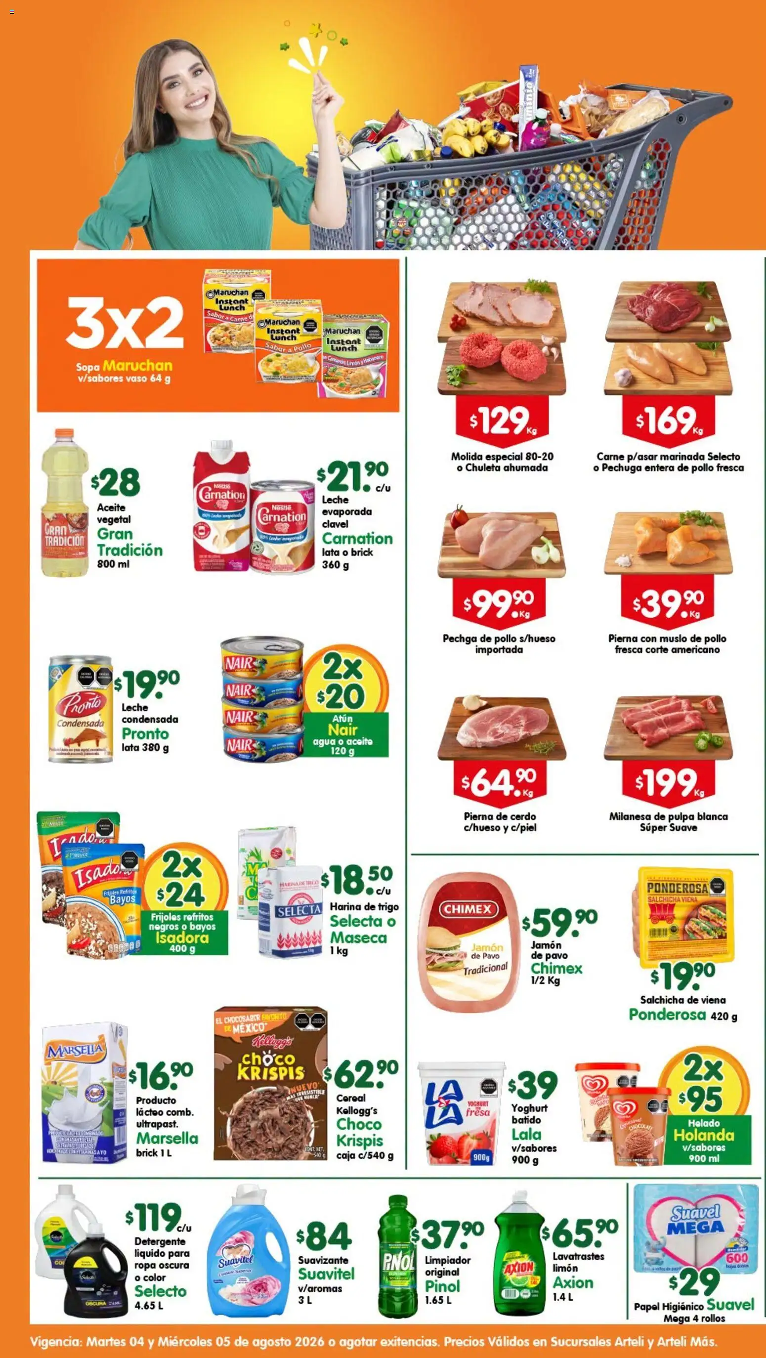 Nuevas ofertas de Arteli válidas en toda la República Mexicana desde el 04/08/2026. ¡Encuentra las mejores ofertas en Arteli folleto Express! | Página: 1 | Productos: Detergente, Atún, Huevo, Leche