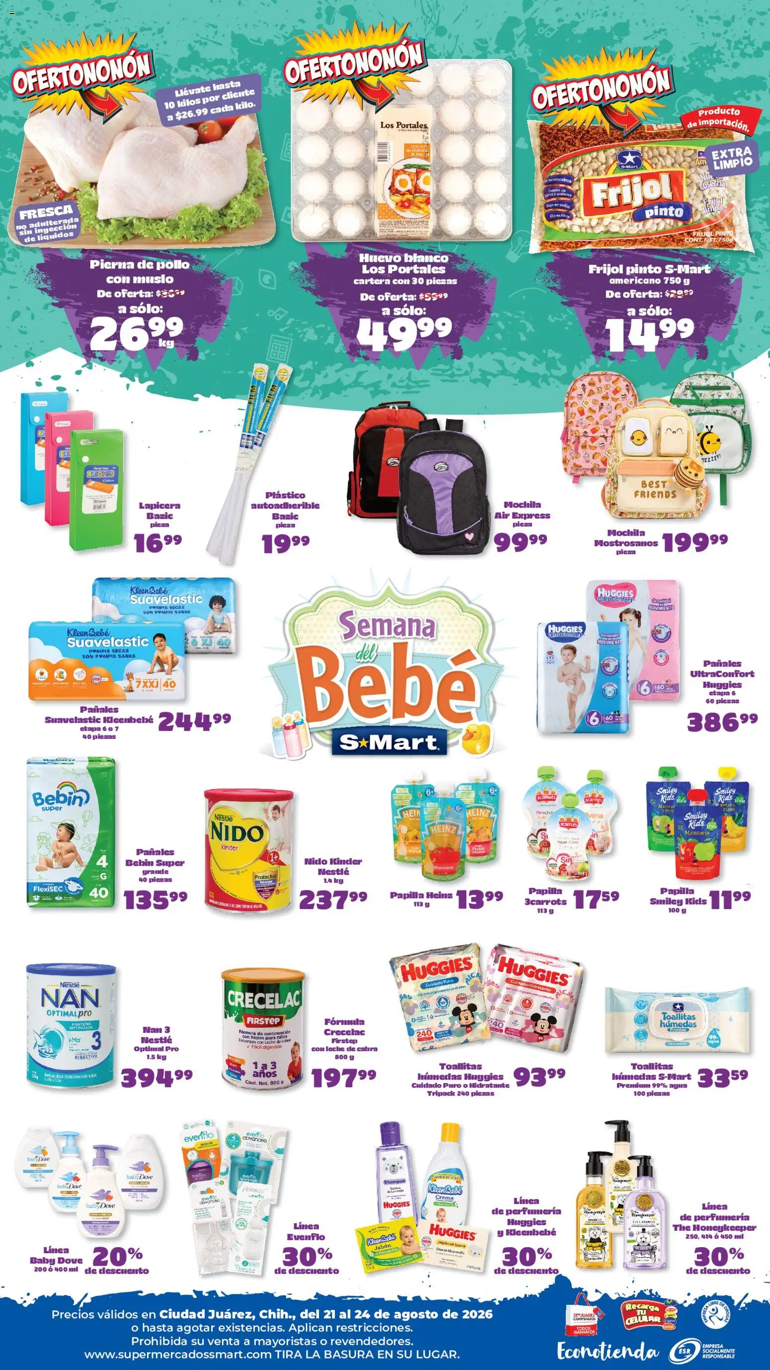 Nuevas ofertas de S-Mart válidas en toda la República Mexicana desde el 21/08/2026. ¡Encuentra las mejores ofertas en S-Mart folleto Ofertas de feria Juárez! | Página: 2 | Productos: Crema, Agua, Pañales, Jabón