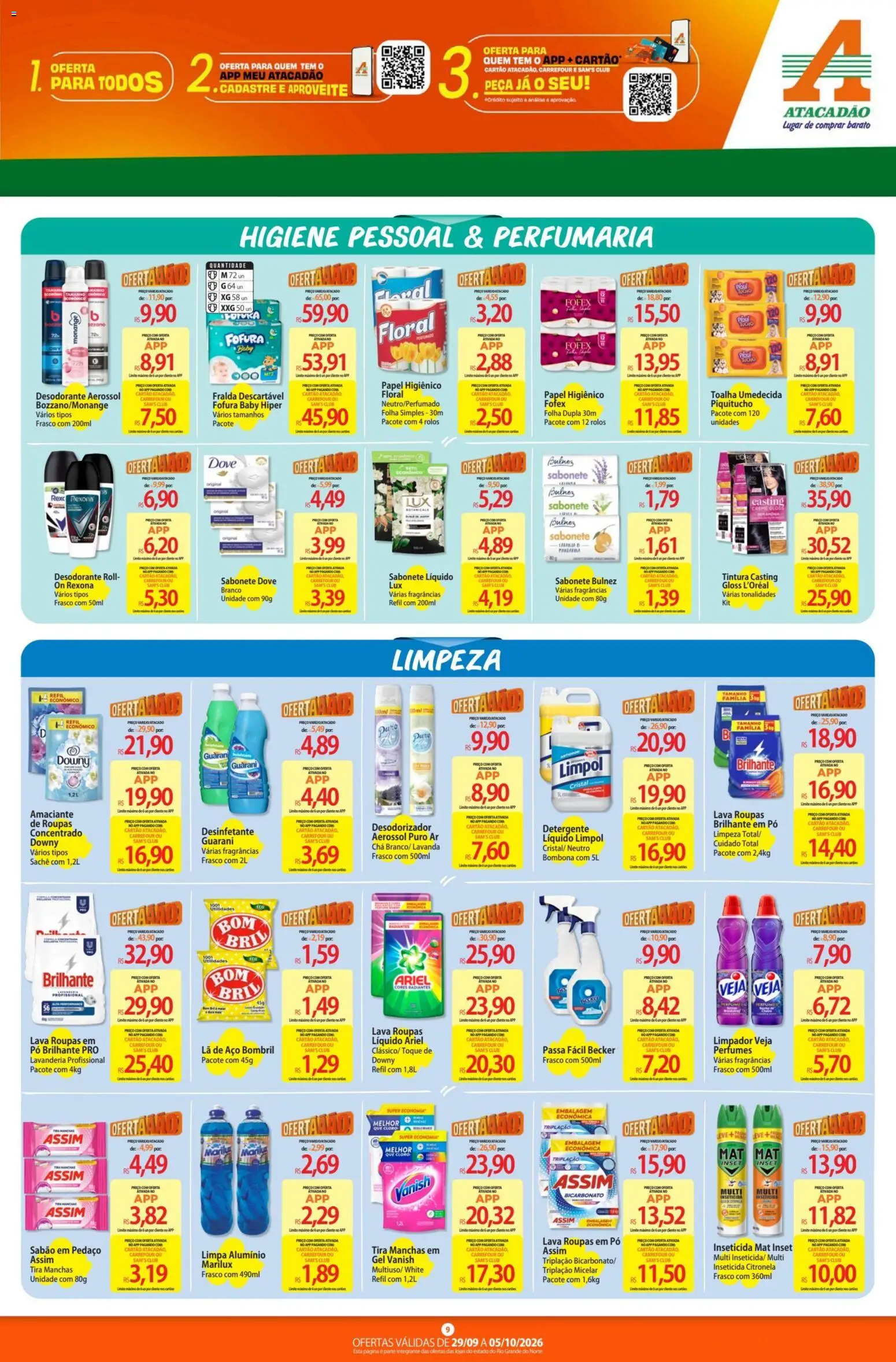 Atacadão Folheto - válido de 29/09/2026 | Página: 9 | Produtos: Cloro, Vanish, Toalha umedecida, Sabonete líquido