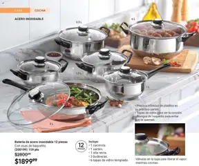 Vista previa de Batería de acero inoxidable 12 piezas, Con asas de baquelita. Incluye: 1 cacerola, 1 sartén, 1 olla recta, 3 budineras, 6 tapas de vidrio templado., nuevo folleto de la tienda, válido en México a partir del 08.05.2026 | Página: 66