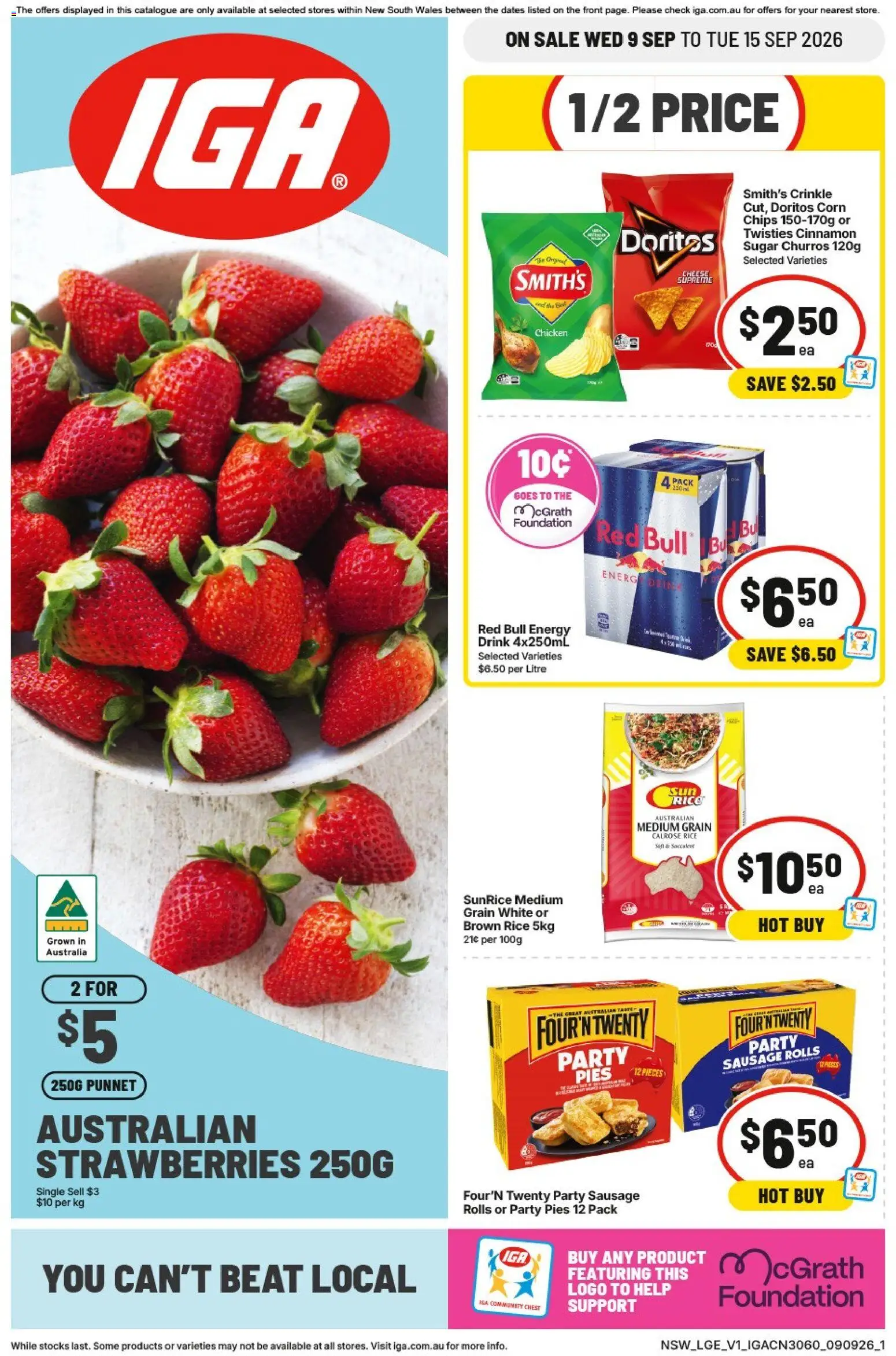 IGA catalogue - valid from 09/09/2026 | Page: 1 | Products: Energy drink, Brown rice, Red Bull, Foundation