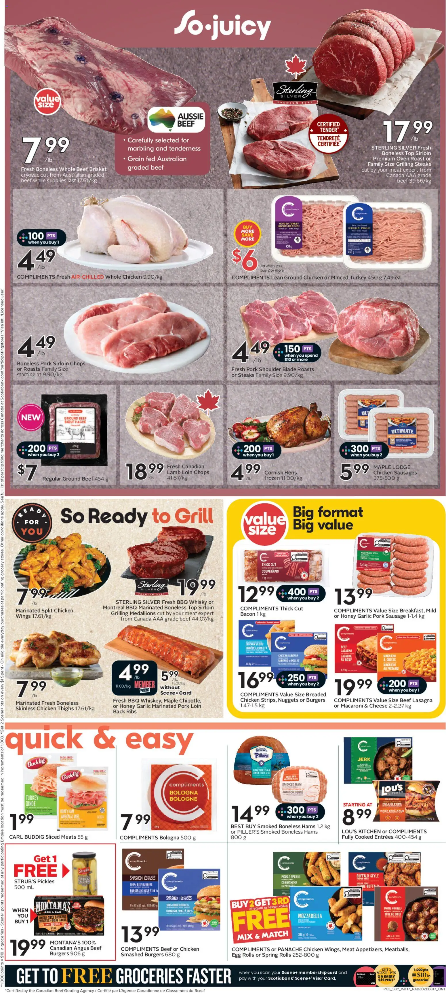 Sobeys flyer valid from Aug 20, 2026 | Page: 8 | Products: Beef, Burgers, Chicken thighs, Pork loin