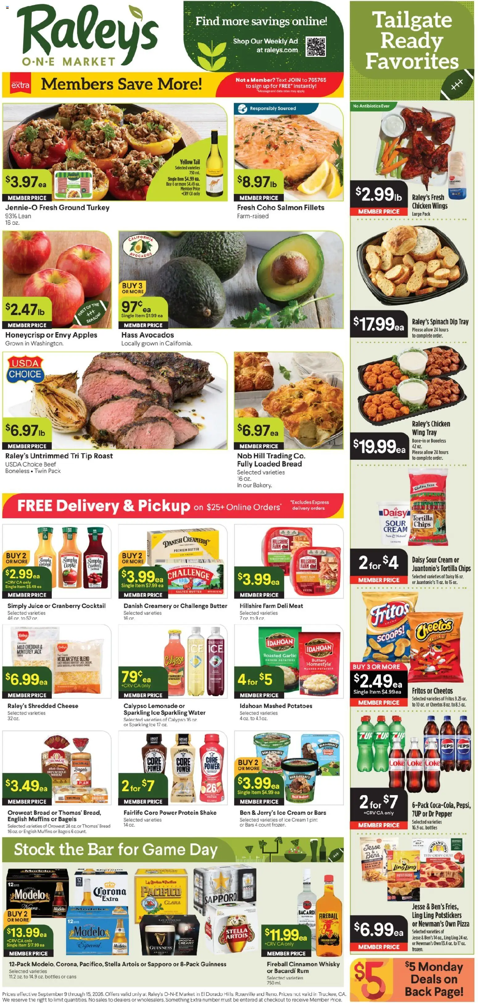 Raley's Ad - valid from 09/09/2026 | Page: 1 | Products: Spinach, Chicken wings, Beef, Rum