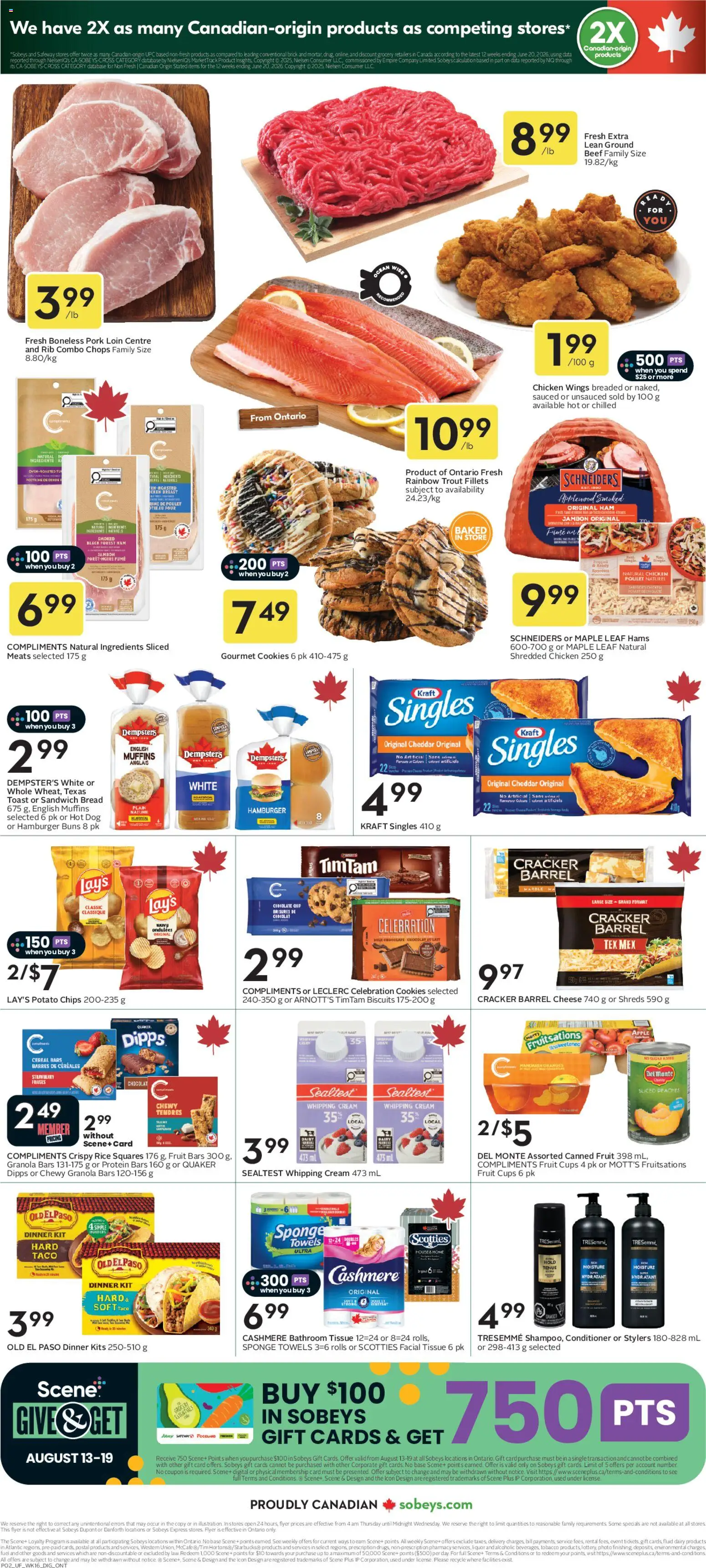 Sobeys flyer valid from Aug 13, 2026 | Page: 4 | Products: Conditioner, Towels, Cheddar, Pork