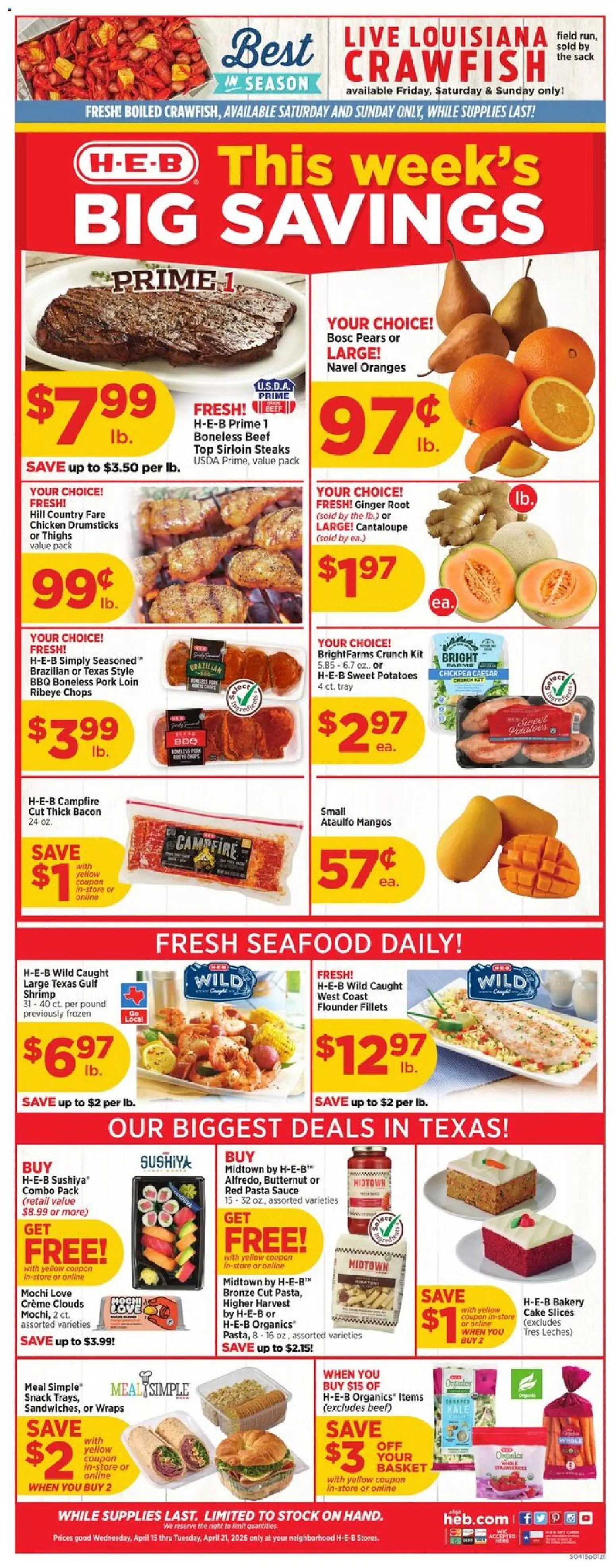 H-E-B Weekly Ad - valid from 15.04.2026 | Page: 1 | Products: Ginger, Kale, Oranges, Pasta
