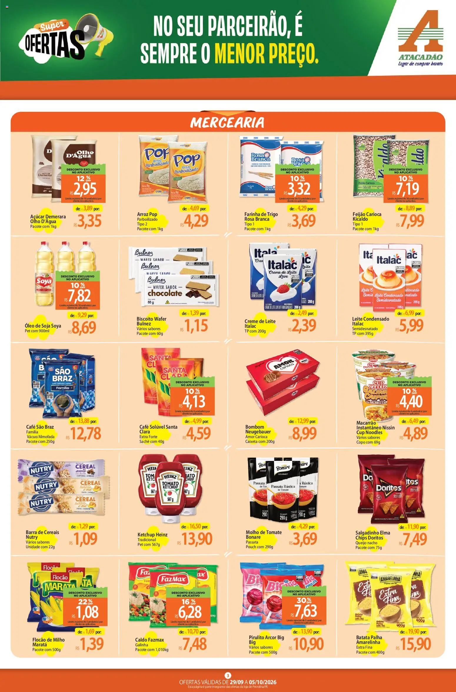 Atacadão Folheto - válido de 29/09/2026 | Página: 3 | Produtos: Tomate, Elma Chips, Leite, Queijo