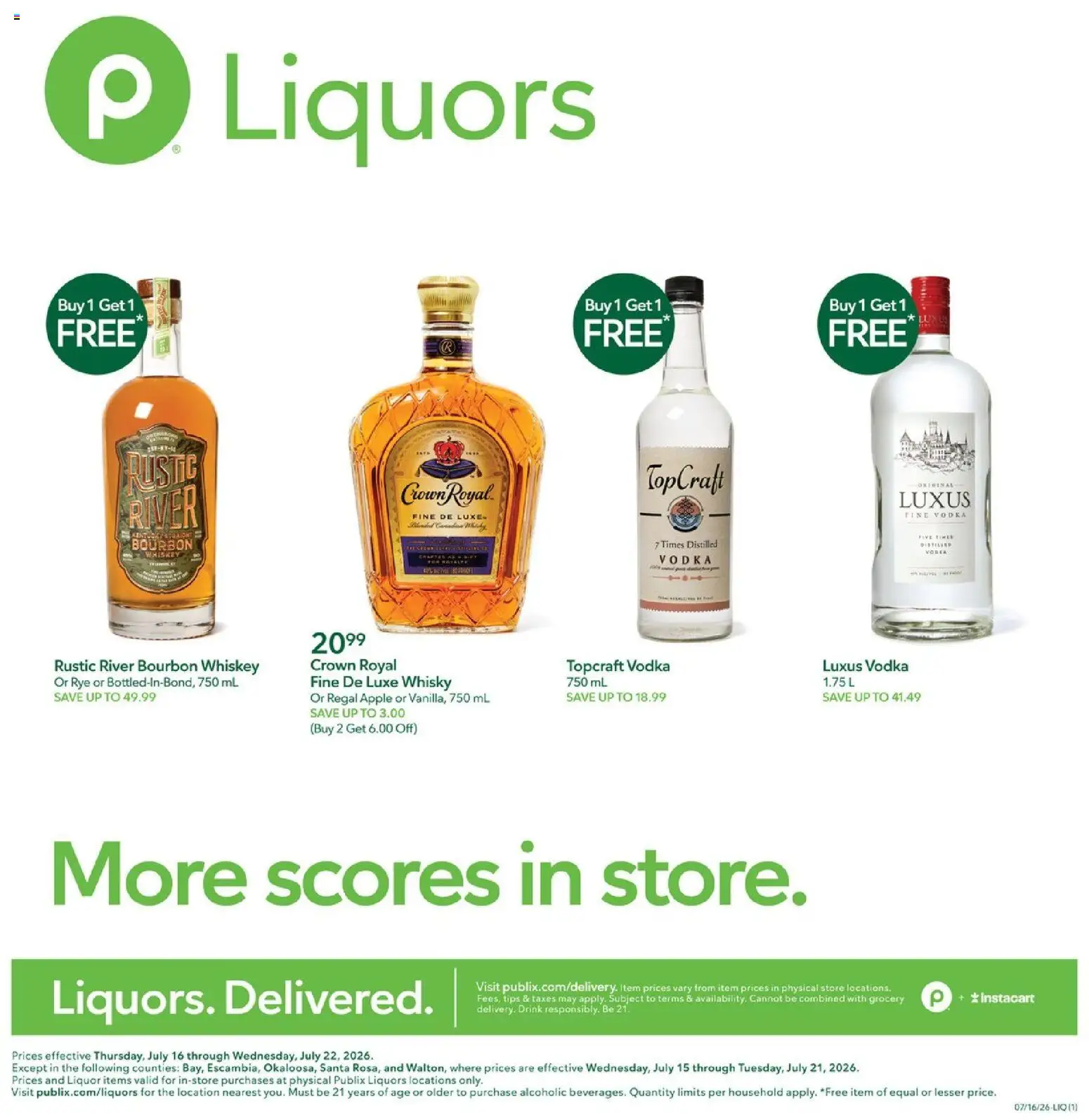 Publix Liquor Ad - valid from 07/16/2026 | Page: 1 | Products: Bourbon, Vodka, Whiskey