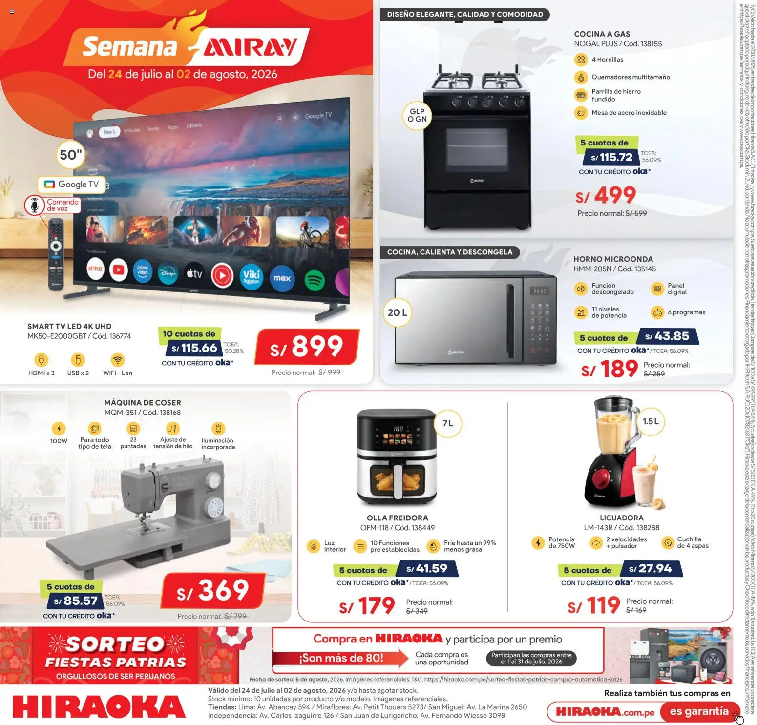 Catálogo Hiraoka válido desde 24/07/2026 | Página: 1 | Productos: USB, Máquina de coser, Freidora, Licuadora