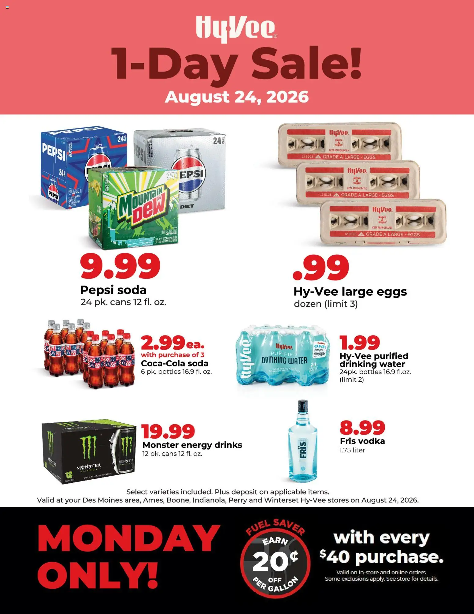 HyVee 1-Day Sale - valid from 08/24/2026 | Page: 1 | Products: Eggs, Vodka, Water, Pepsi