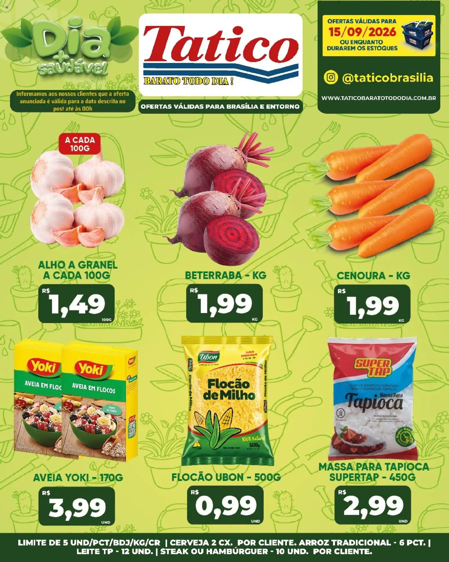 Tatico Folheto - válido de 15/09/2026 | Página: 17 | Produtos: Mandioca, Leite, Hambúrguer, Aveia