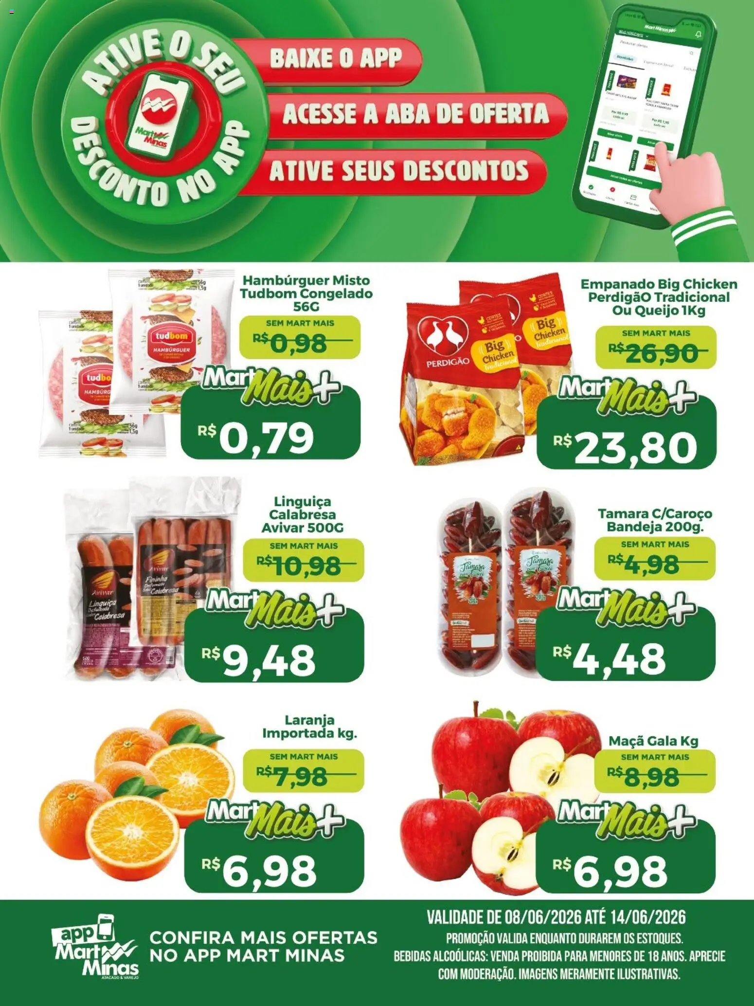 Mart Minas Folheto - válido de 08.06.2026 | Página: 2 | Produtos: Linguiça, Queijo, Hambúrguer, Bandeja