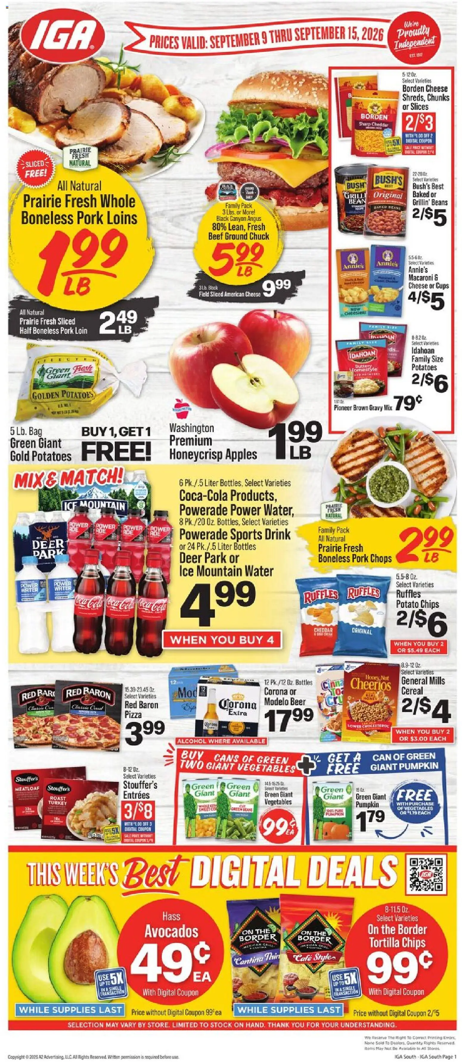 IGA Weekly Ad - valid from 09/09/2026 | Page: 1 | Products: Beef, Cereal, Sports drink, Bag