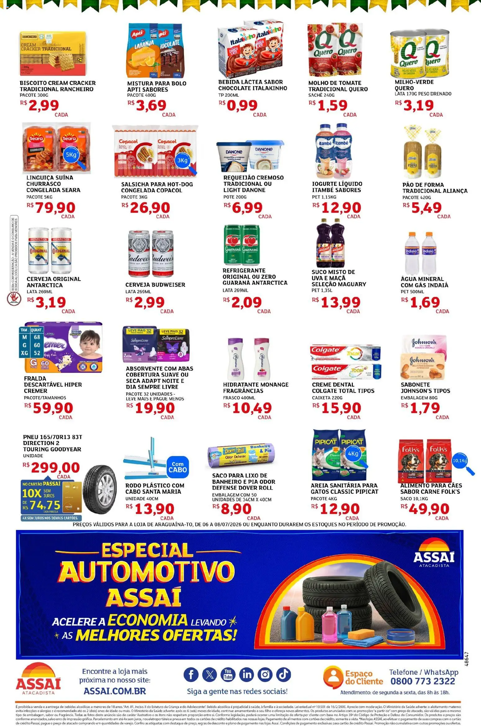 Assaí Atacadista Folheto - válido de 06/07/2026 | Página: 2 | Produtos: Salsicha, Pão de forma, Fraldas, Sempre Livre