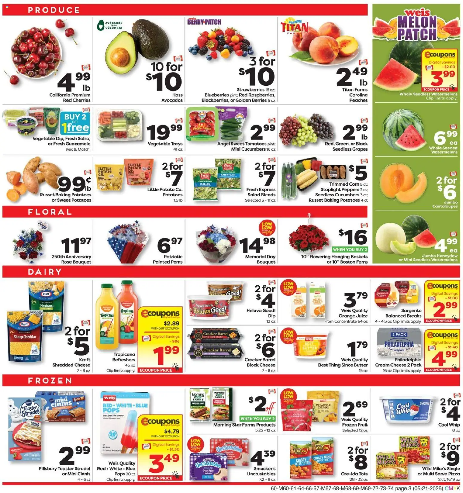 Weis Weekly Ad - valid from 21.05.2026 | Page: 3 | Products: Peaches, Cheese, Pizza, Melon