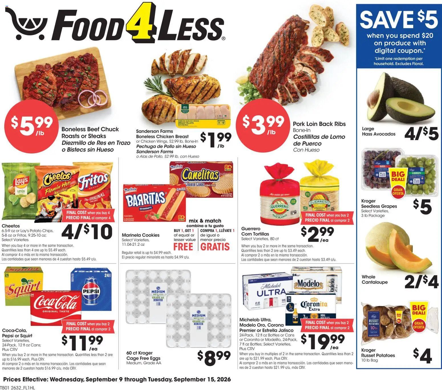 Food 4 Less Weekly Ad - valid from 09/09/2026 | Page: 1 | Products: Corn, Beef, Beef chuck, Pepsi