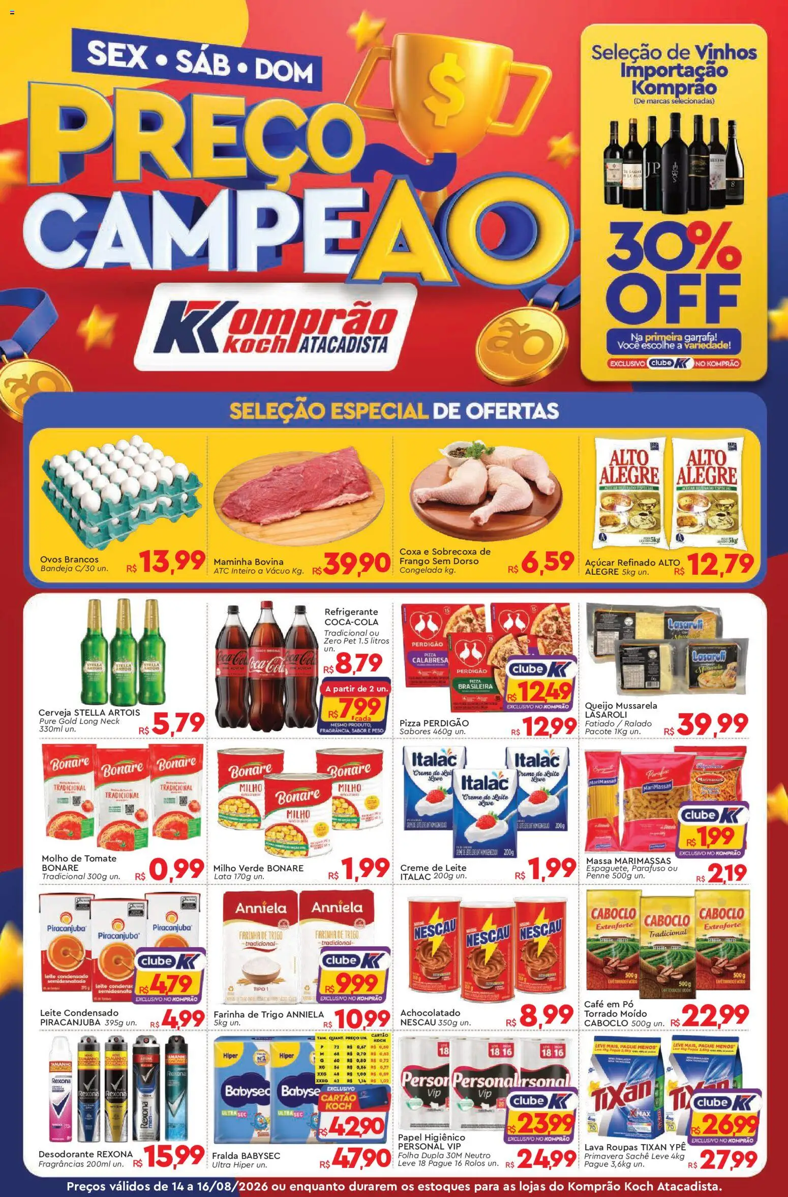 Komprao Atacadista Folheto - válido de 14/08/2026 | Página: 1 | Produtos: Cerveja, Massa, Milho, Mussarela