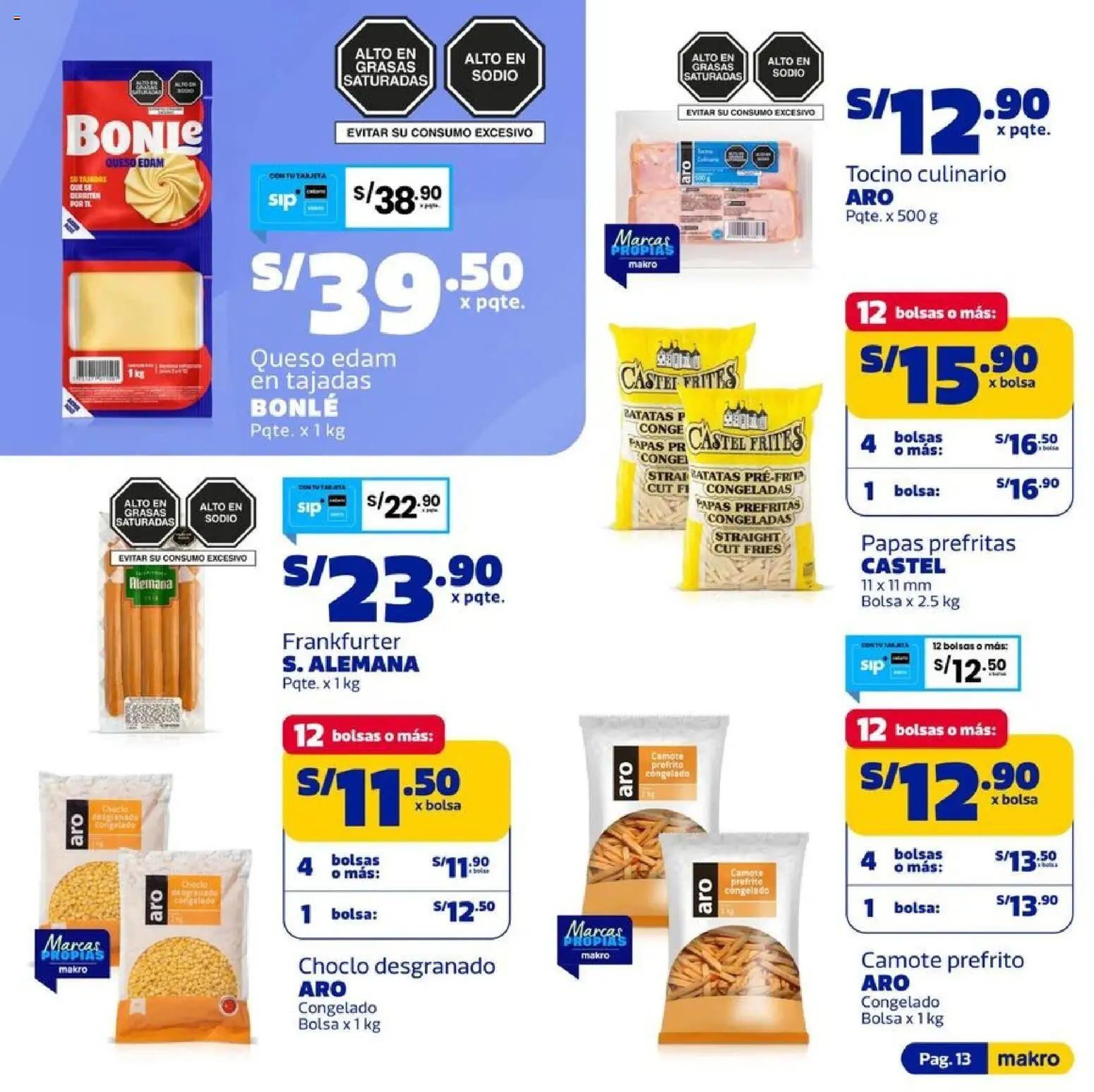 Catálogo Makro válido desde 13/08/2026 | Página: 13 | Productos: Tocino, Queso Edam, Papas, Bolsa