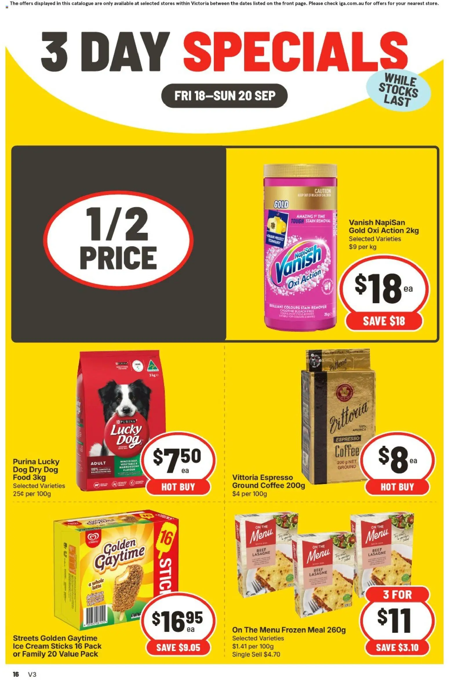 IGA catalogue - valid from 18/09/2026 | Page: 3 | Products: Food, Coffee, Stain remover, Ice cream