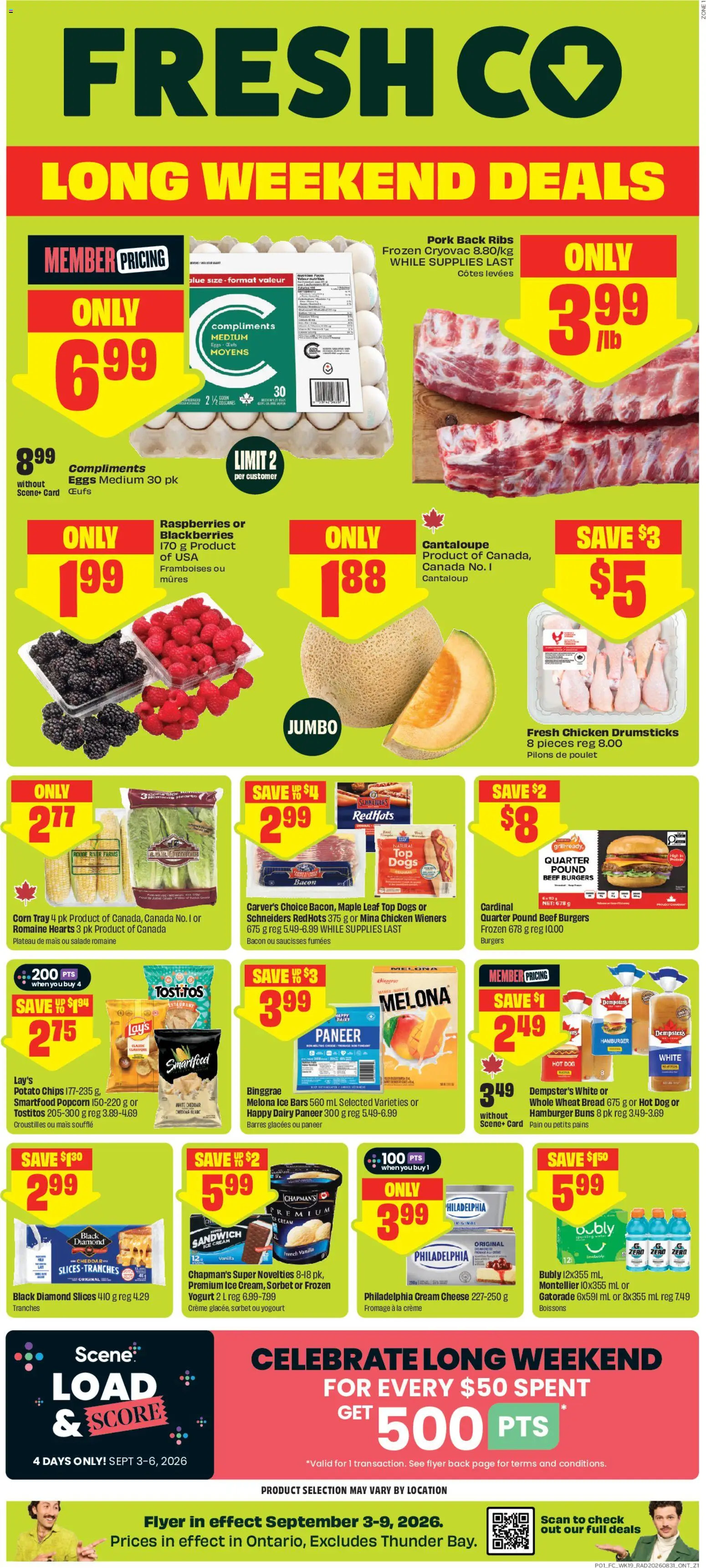 FreshCo flyer valid from Sep 3, 2026 | Page: 1 | Products: Popcorn, Eggs, Bread, Ice