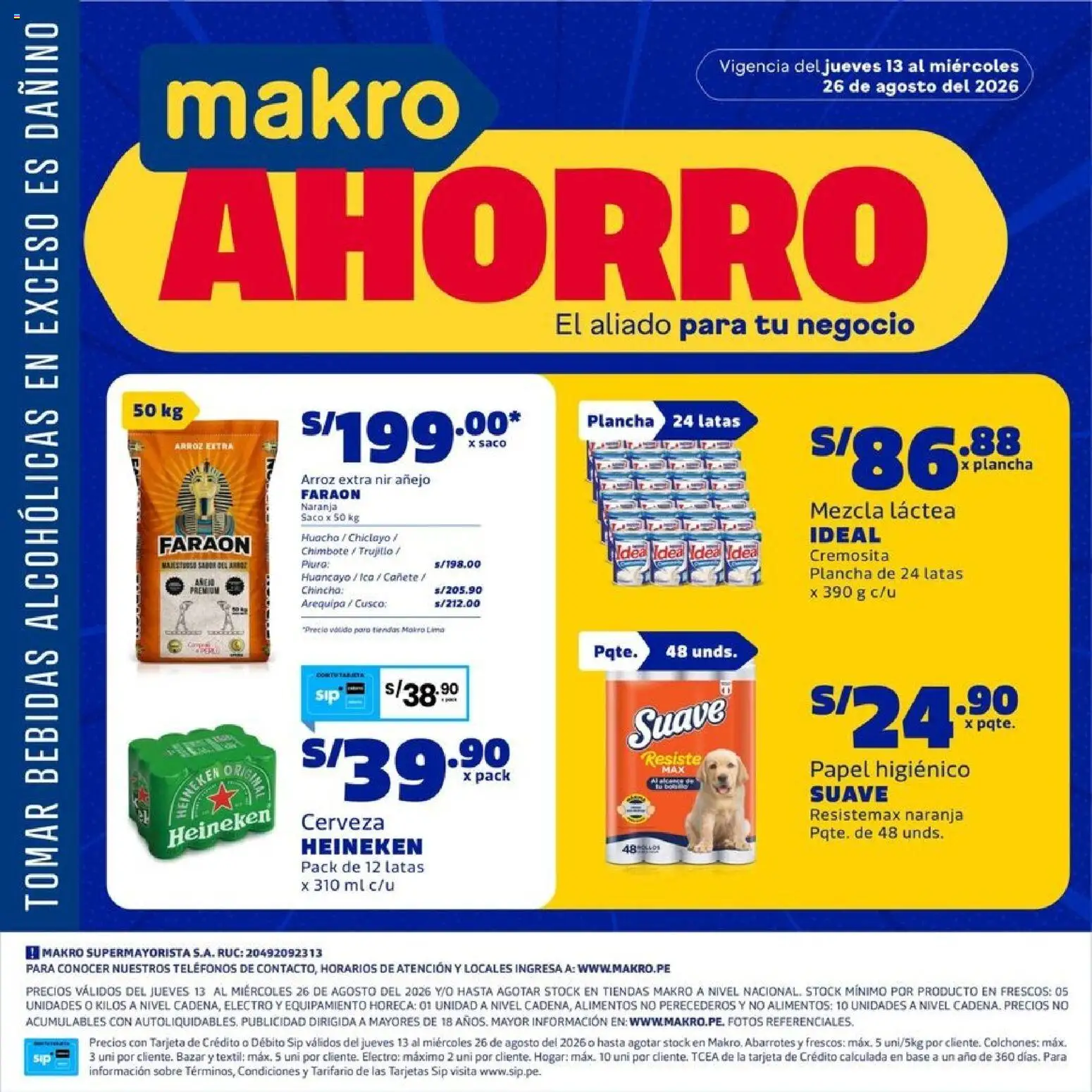 Catálogo Makro válido desde 13/08/2026 | Página: 1 | Productos: Bebidas, Plancha, Cerveza, Saco