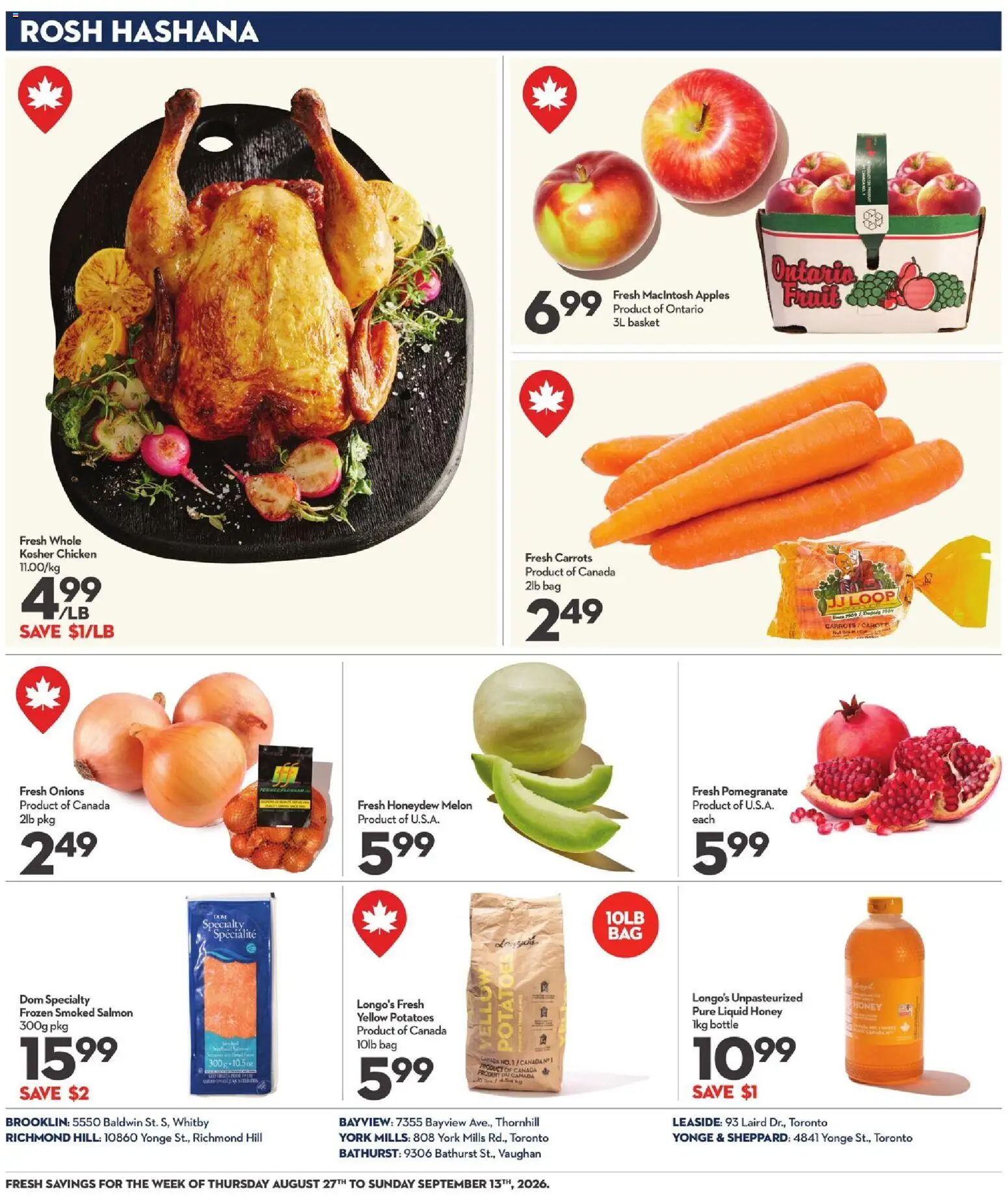 Longo's flyer valid from Aug 27, 2026 | Page: 15 | Products: Smoked salmon, Carrots, Basket, Chicken