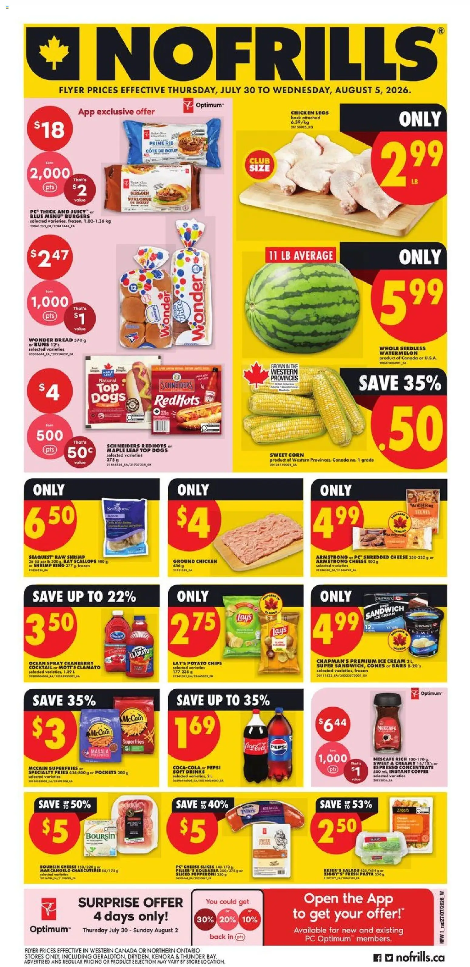 No Frills flyer valid from Jul 30, 2026 | Page: 1 | Products: Pasta, Ice cream, Cheese, Bread