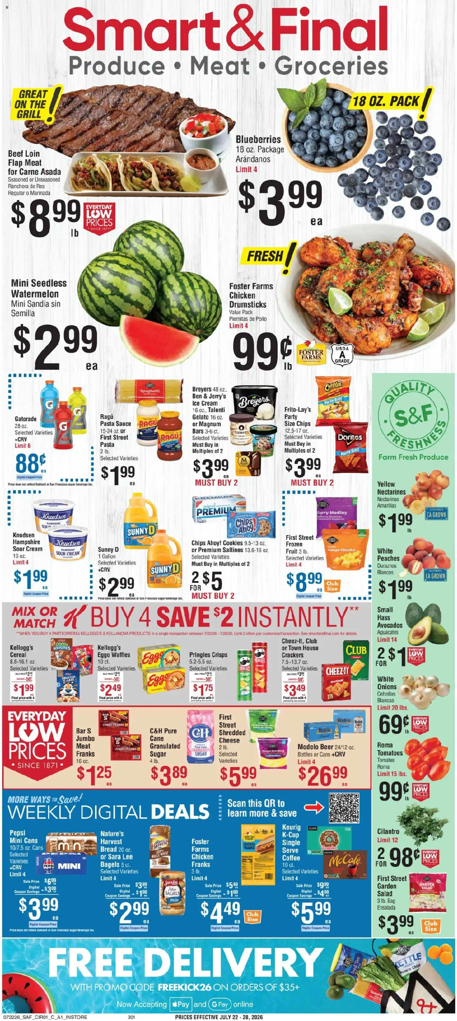 Smart & Final Weekly Ad - valid from 07/22/2026 | Page: 1 | Products: Coffee, Pasta, Sugar, Blueberries