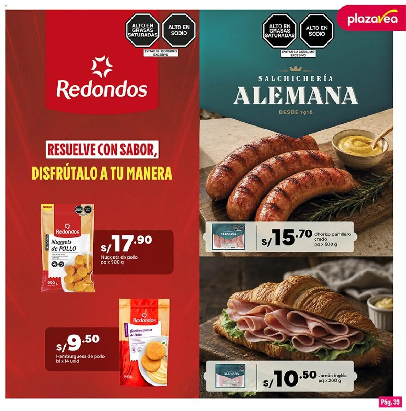 Catálogo Plaza Vea válido desde 01/09/2026 | Página: 39 | Productos: Hamburguesa, Pollo, Jamón, Nuggets de pollo