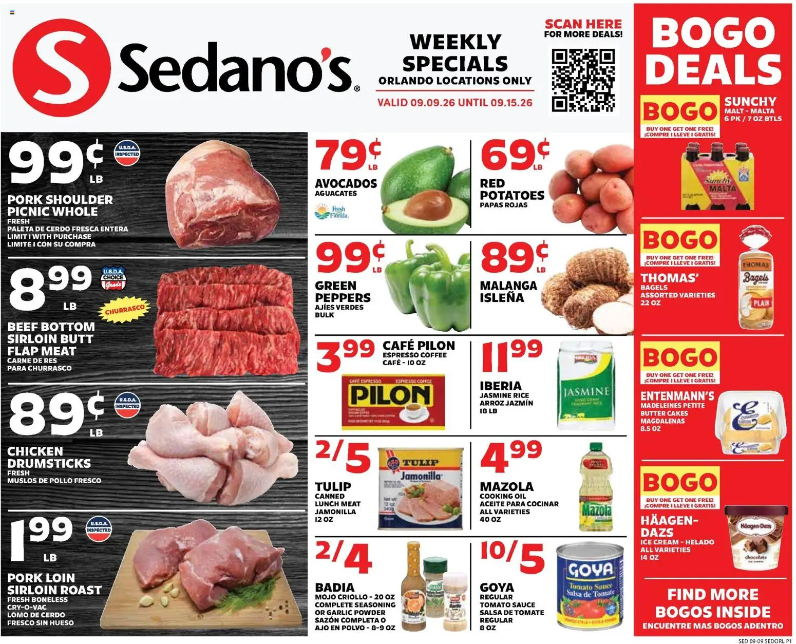 Sedano's Weekly Ad - valid from 09/09/2026 | Page: 1 | Products: Oil, Potatoes, Ice, Madeleines