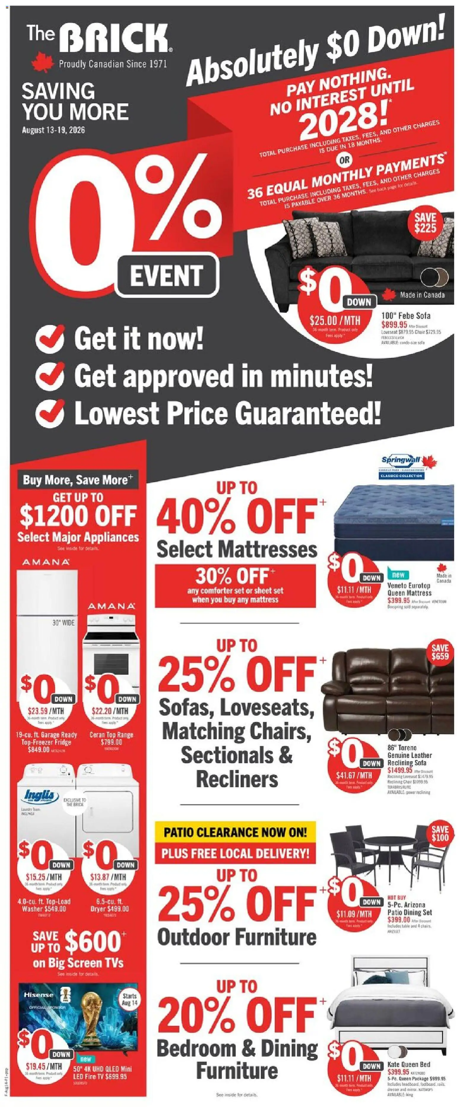 The Brick flyer valid from Aug 13, 2026 | Page: 1 | Products: Dryer, Mattresses, Bed, Chair