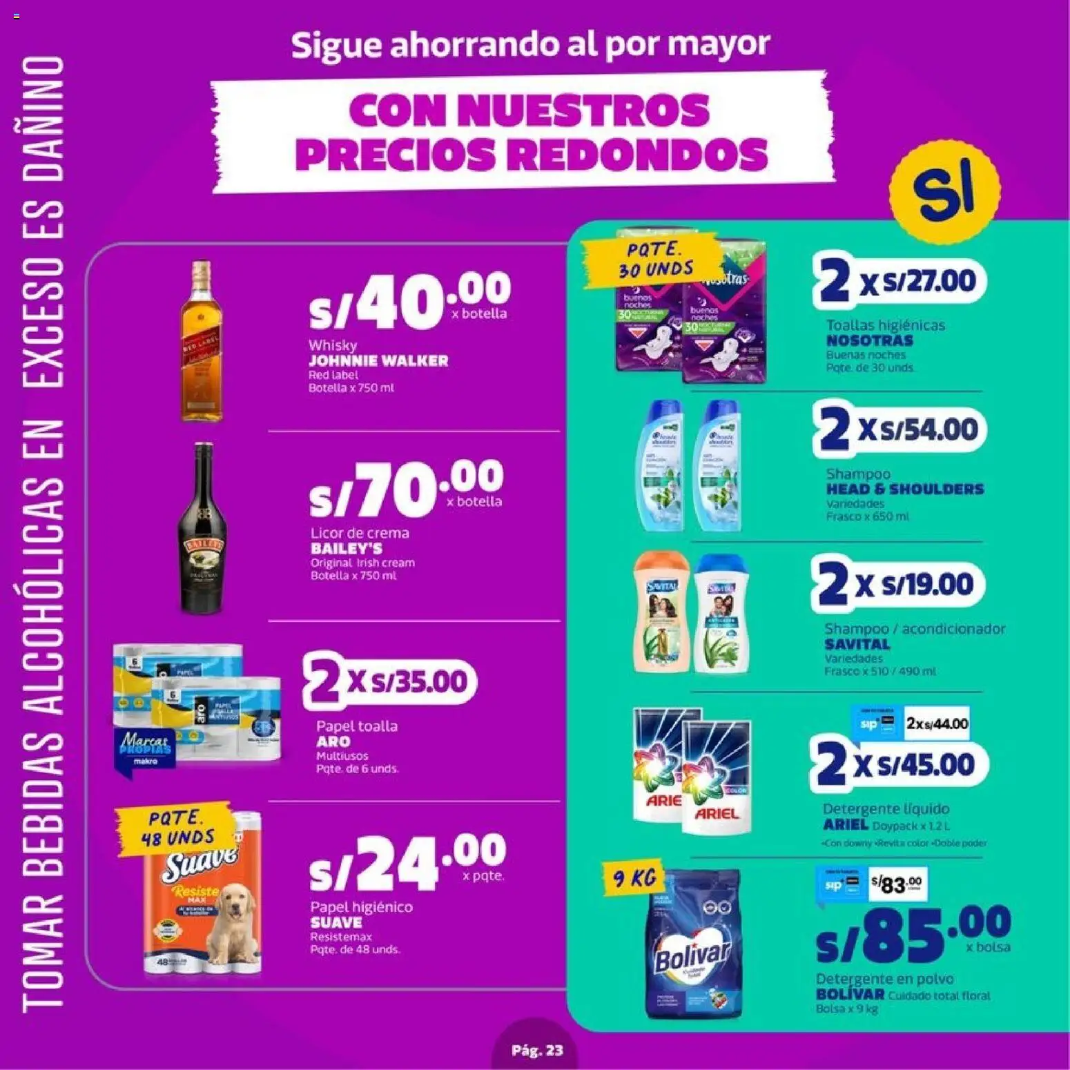 Catálogo Makro válido desde 27/08/2026 | Página: 23 | Productos: Shampoo, Acondicionador, Detergente líquido, Whisky