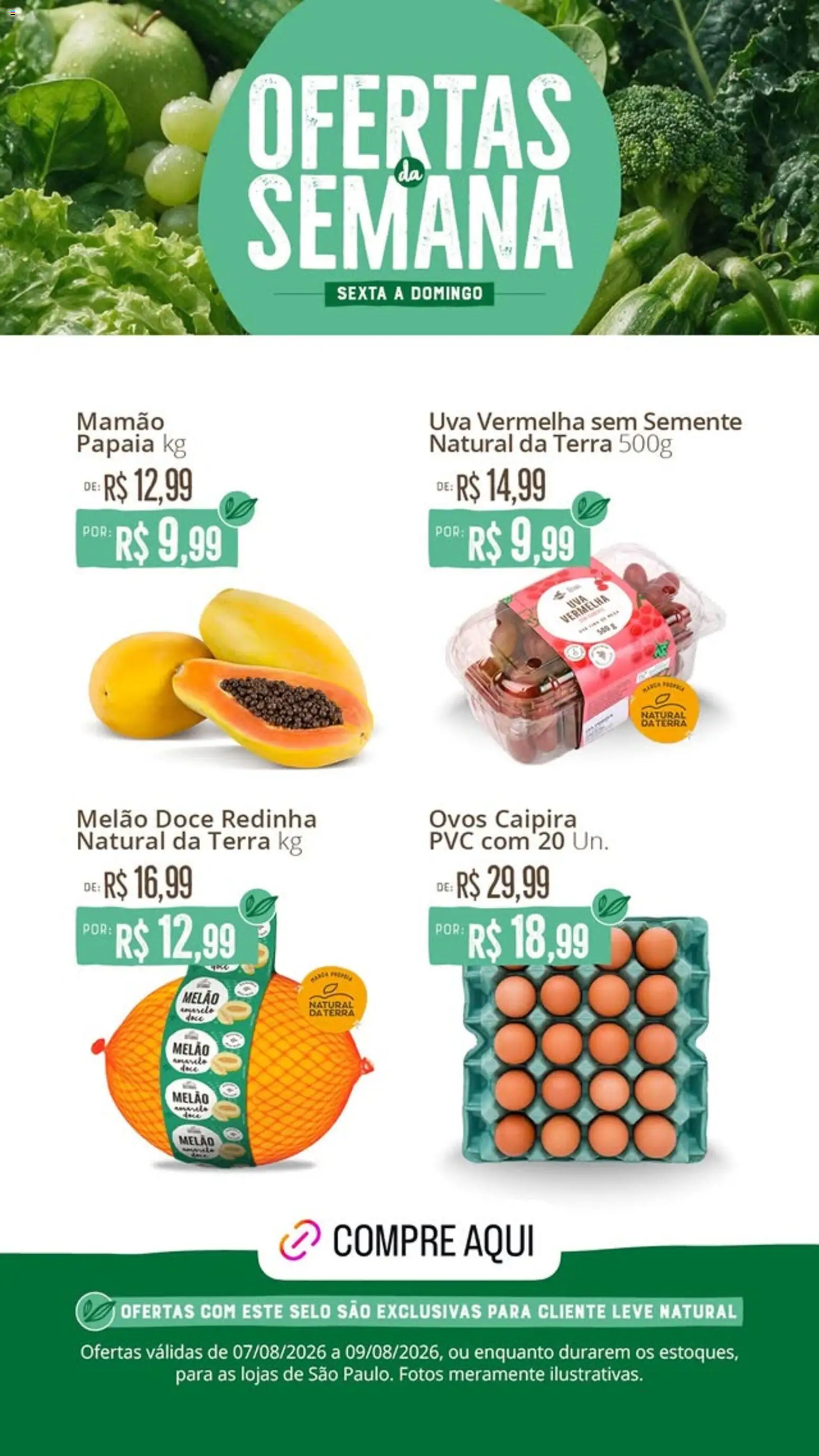 Natural da Terra Folheto - válido de 07/08/2026 | Página: 1 | Produtos: Melão, Uva, Ovos, Doce